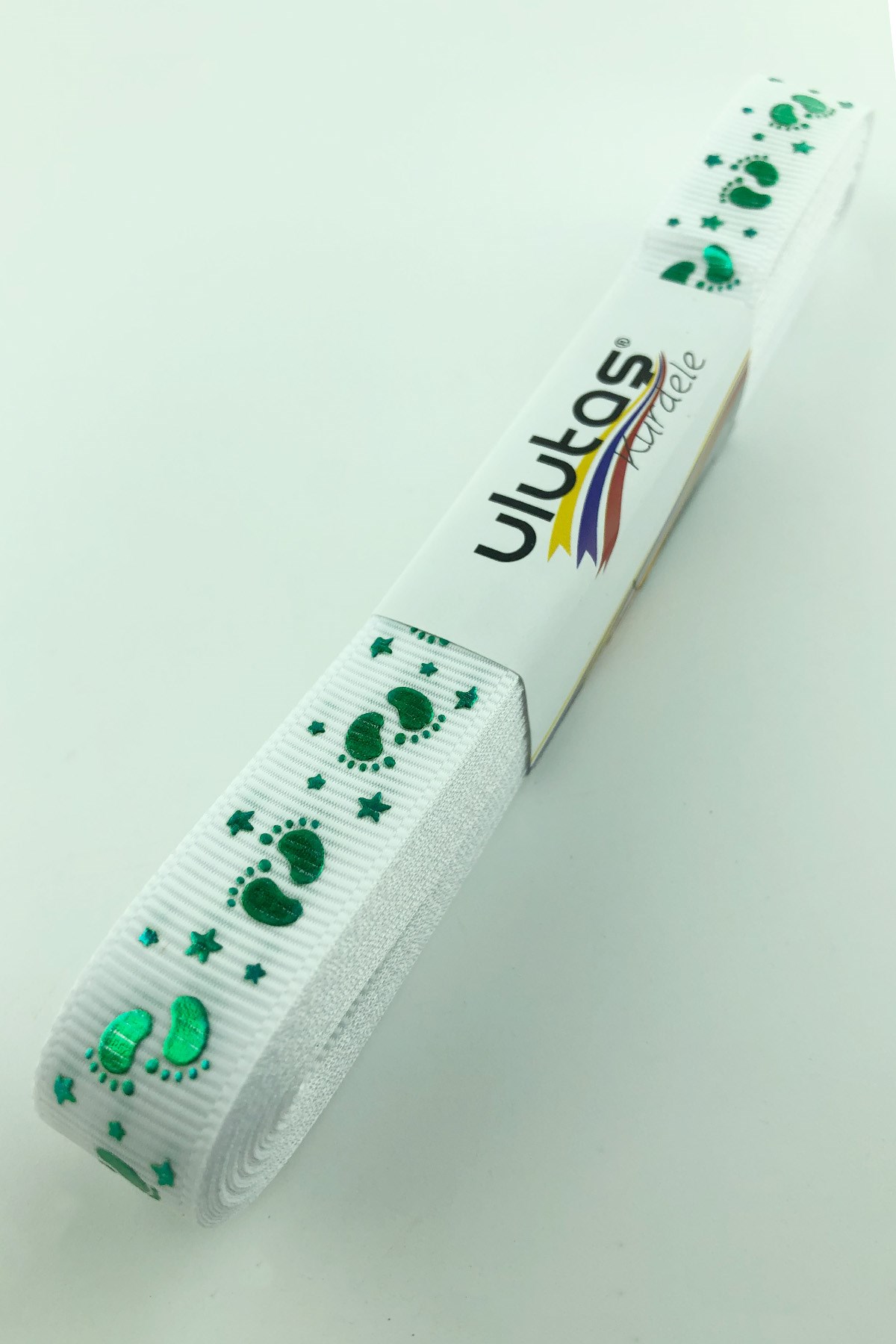 Yeşil Bebek Ayağı Figür Baskılı Grogren Kurdele 1,5 cm