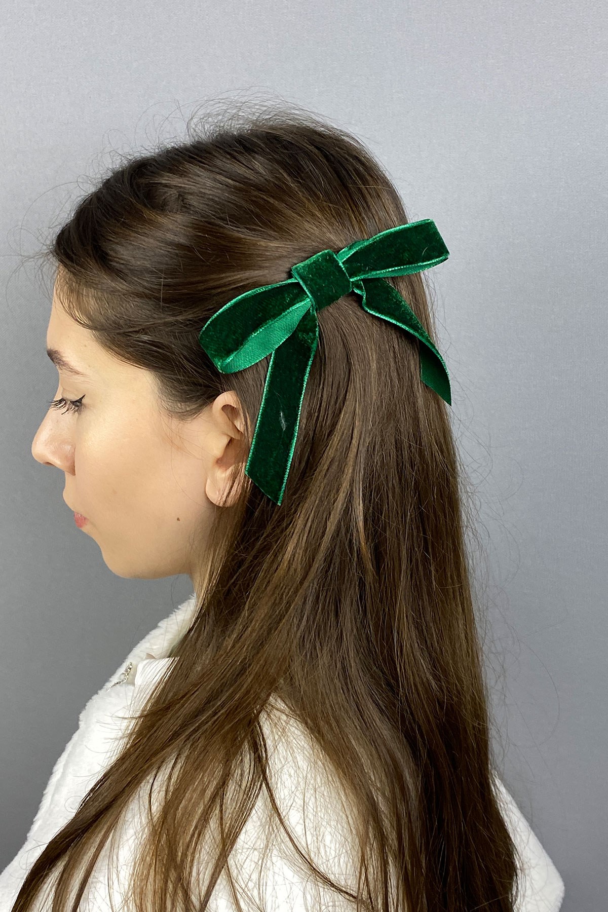 Yeşil Fiyonklu Kadife Kurdeleli Saç Tokası