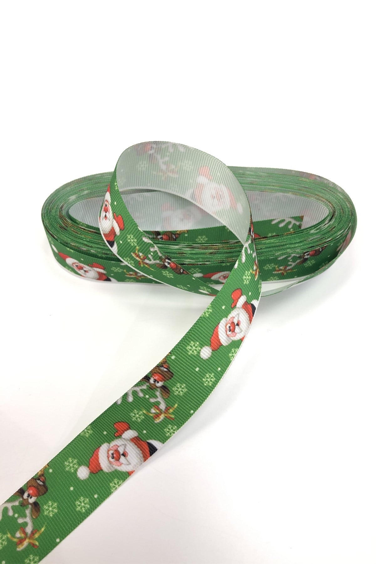 Yeşil Geyikli Noel Baba Baskılı Grogren Yılbaşı Kurdelesi 2,5 CM