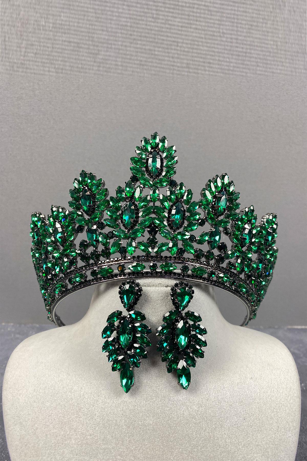 Yeşil Godiva Yüksek Gelin Kına Tacı Ve Mekik Taşlı Abiye Küpe Seti