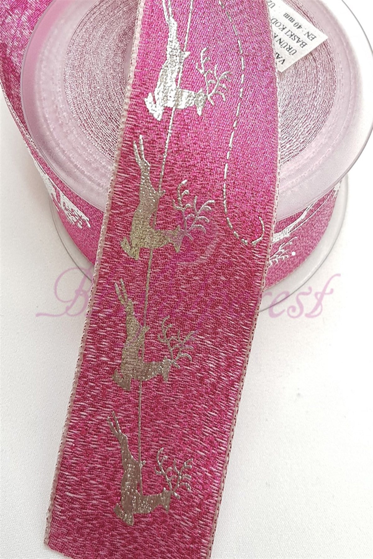 Fuchsia Leaf Printed Glittery Christmas Ribbon 4Cm
