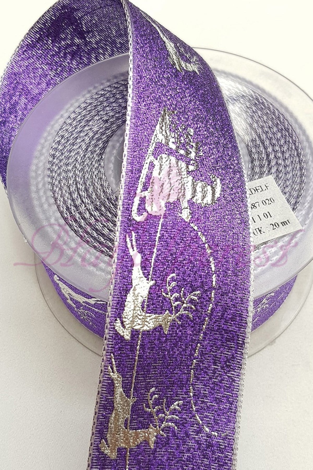 Purple Christmas Foil Printed Glittery Ribbon 4Cm