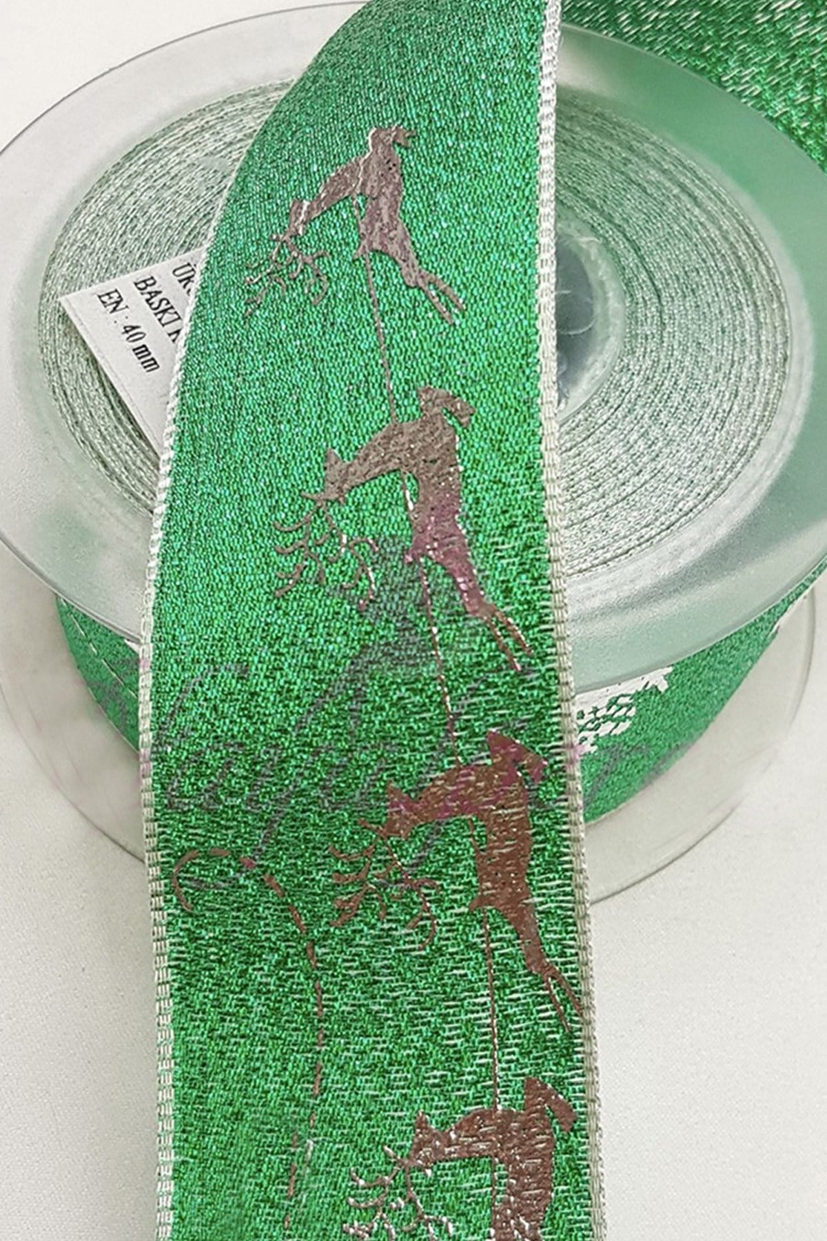 Green Color Christmas Foil Printed Glittery Ribbon 4Cm