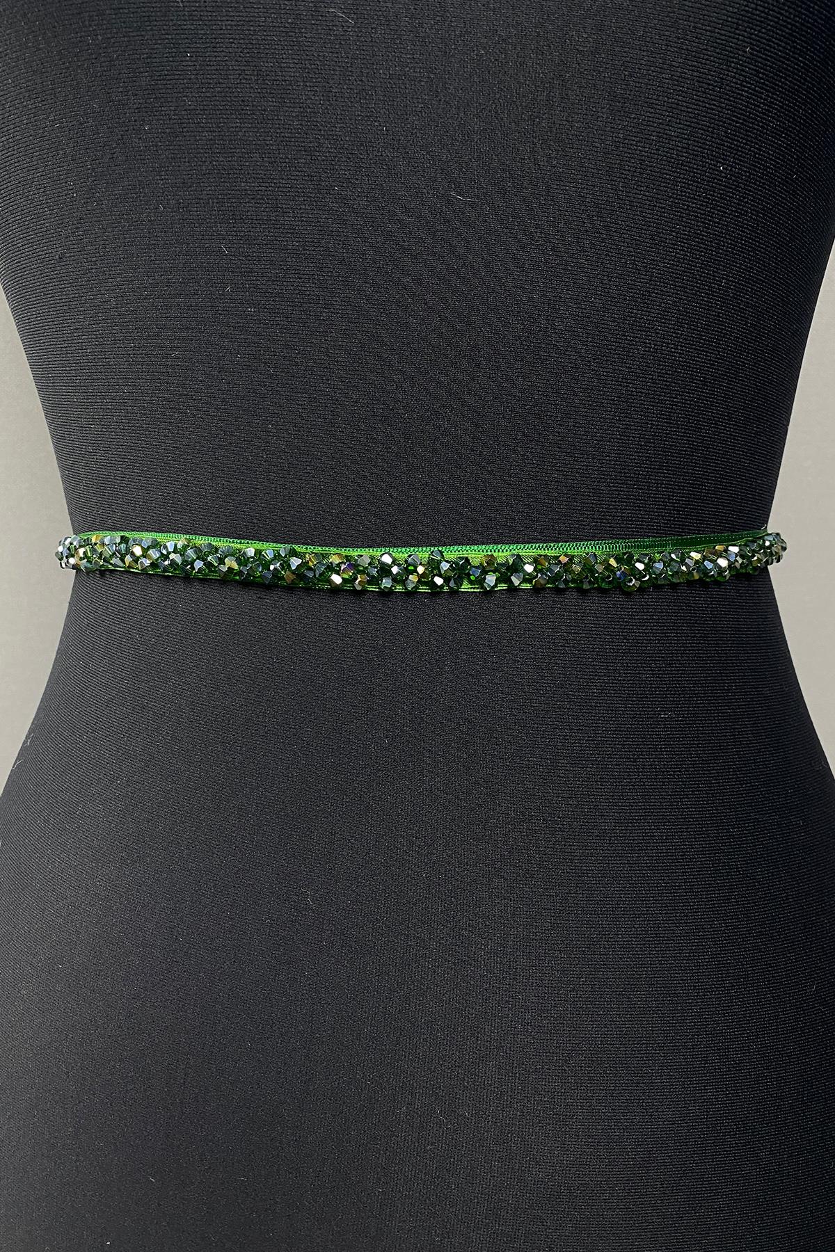 Zümrüt Yeşili Kristal Boncuklu Abiye Elbise Kemer Aksesuarı