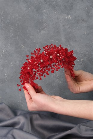 Kırmızı Bade Boncuklu Çiçek Desenli Gelin Kına Tacı