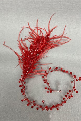 Kırmızı Fliyz Tüylü Kristalli Gelin Saç ve Türban Aksesuarı