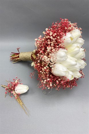 Kurutulmuş Çiçekli Beyaz Islak Laleli Gelin Buketi ve Damat Yaka Çiçeği