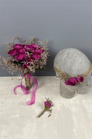 Pink Peony Flower Sea Herb Bridal Bouquet Crown and Boutonniere Set