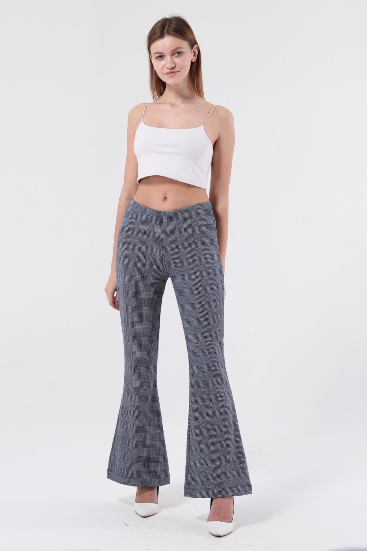 SEZER AKTAŞ MAVİ EKOSELİ İSPANYOL PAÇA PANTOLON