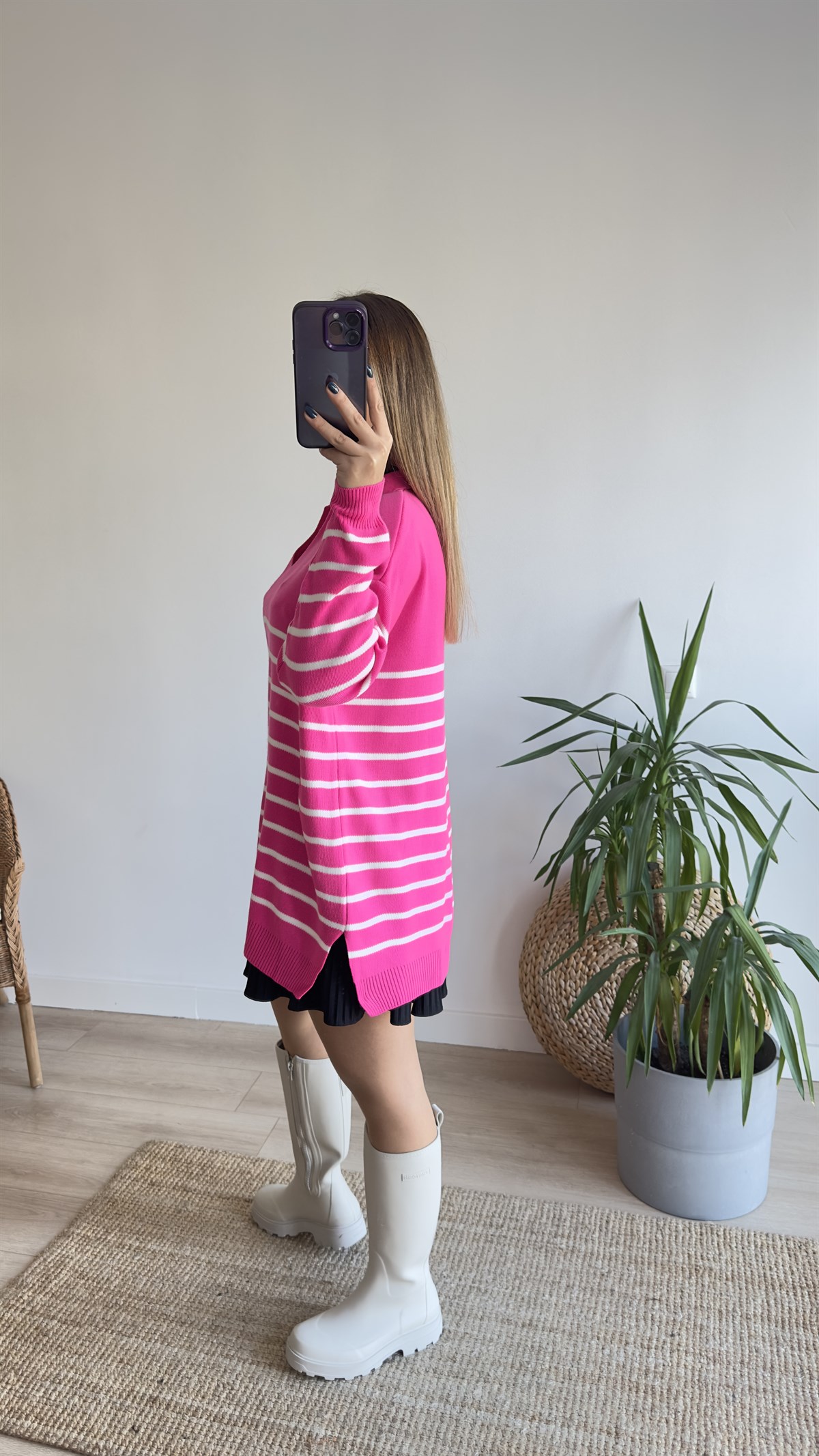 Polo Yaka İnce Çizgili Pembe Triko