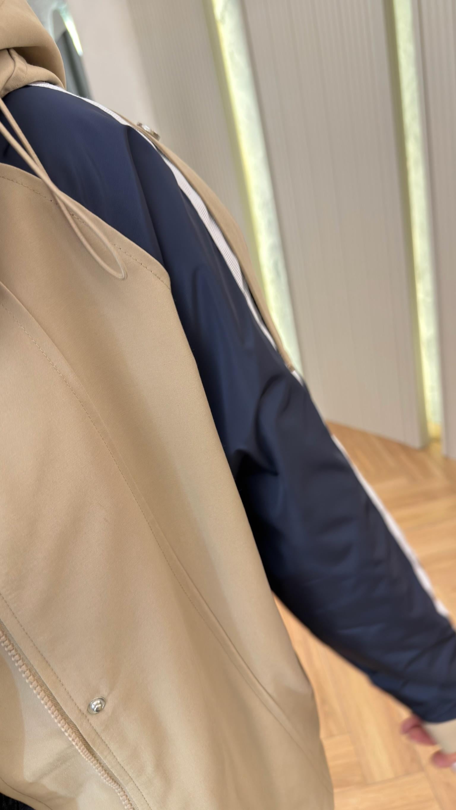 Geof Kollar Şeritli Kapüşonlu Bej Ceket  