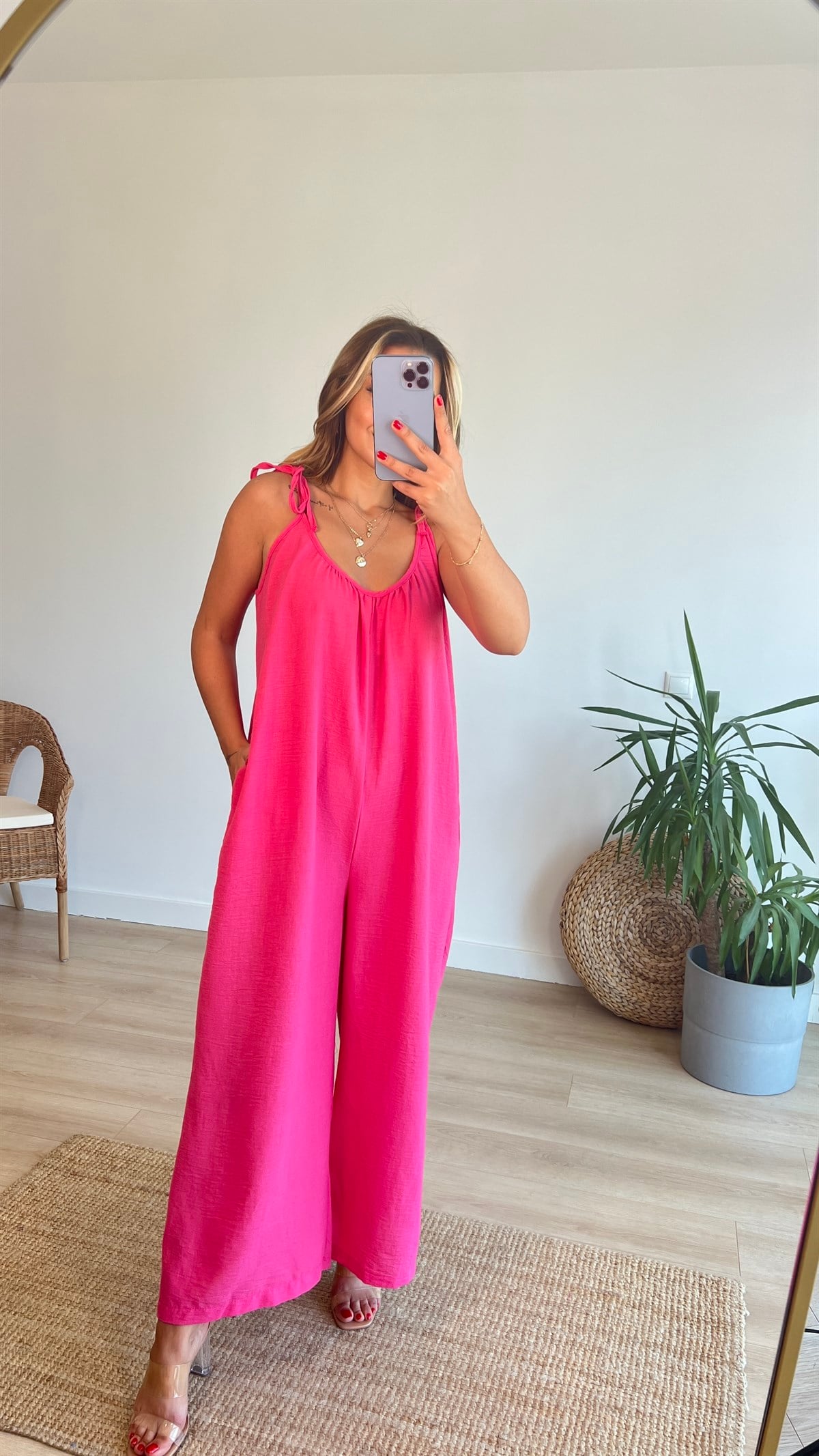 Ayarlanabilir Askılı Pembe Bol Keten Tulum