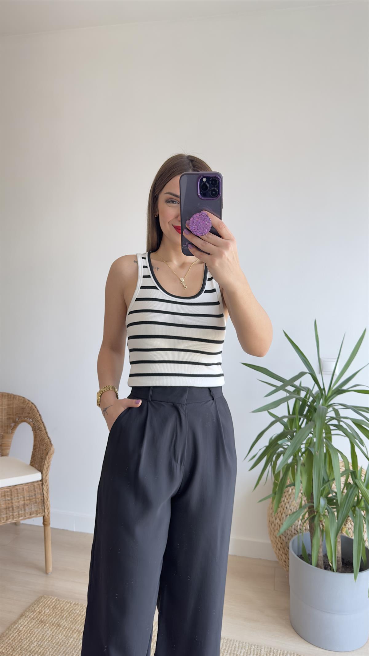 İlya Çizgili U Yaka Çizgili Crop