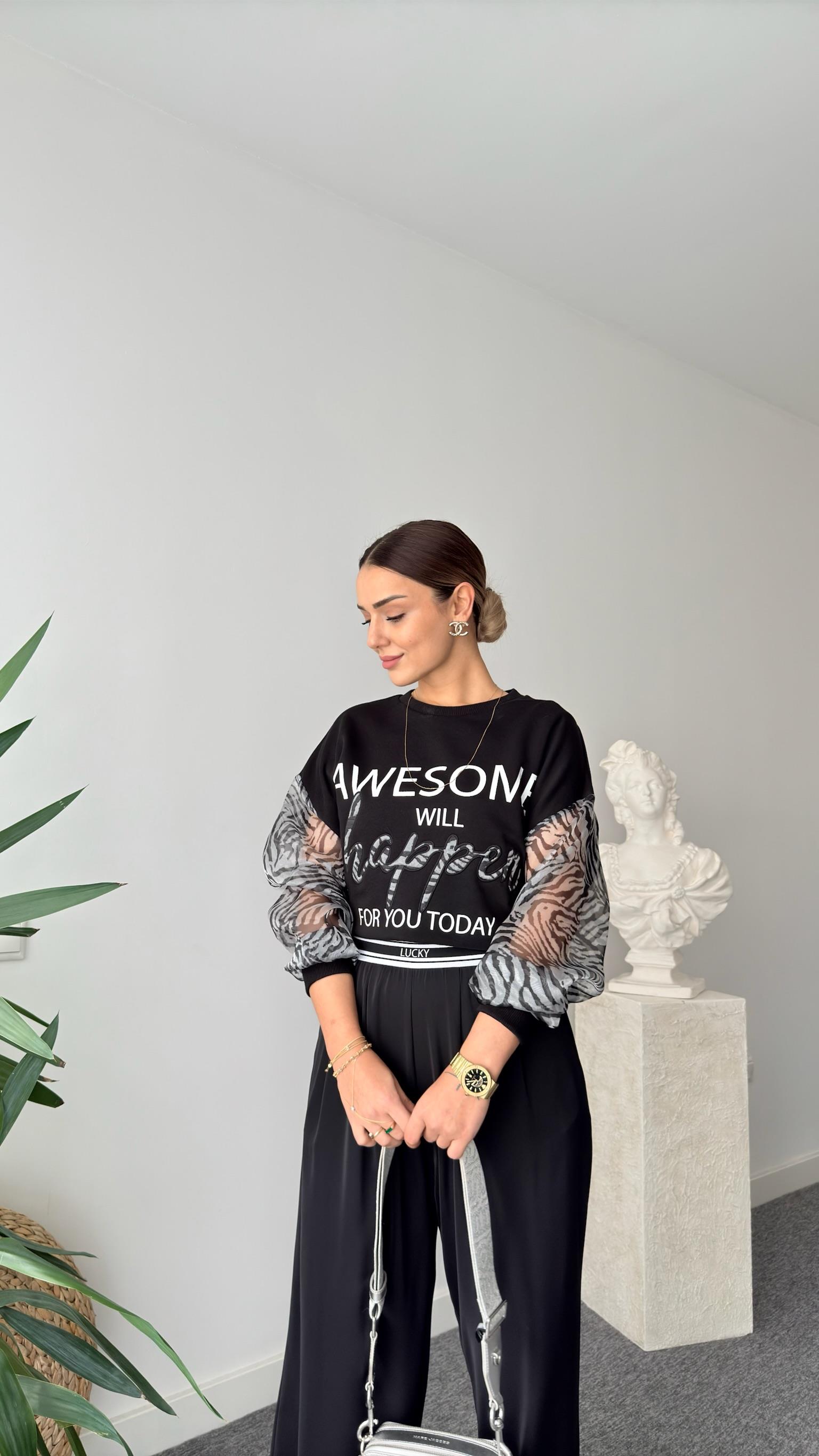 Fironi Kollar Organze Yazılı Siyah Sweat