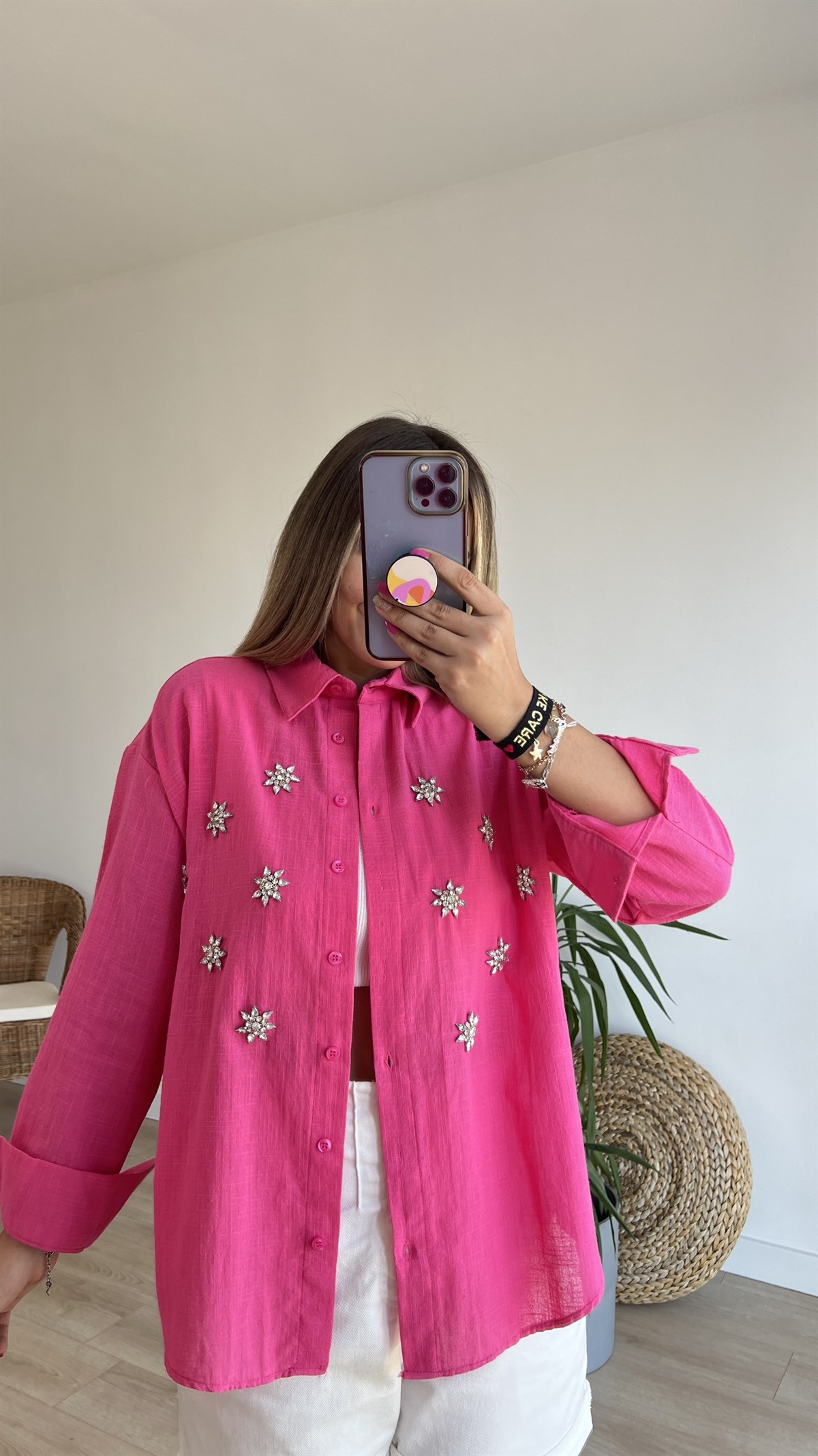 Taş İşleme Detaylı Pembe Keten Gömlek