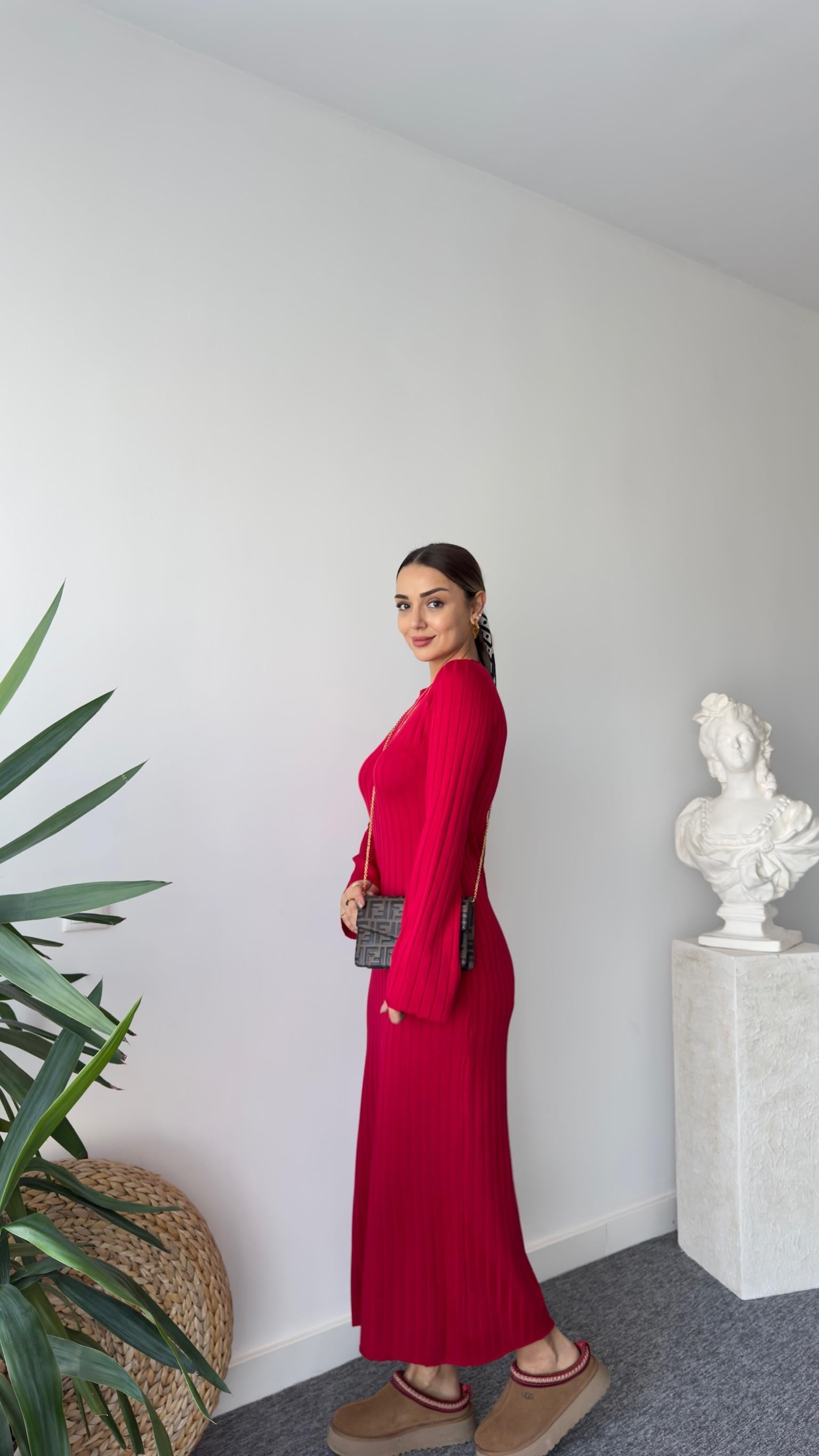 Rudi Zra Model Kırmızı Çelik Triko Elbise 