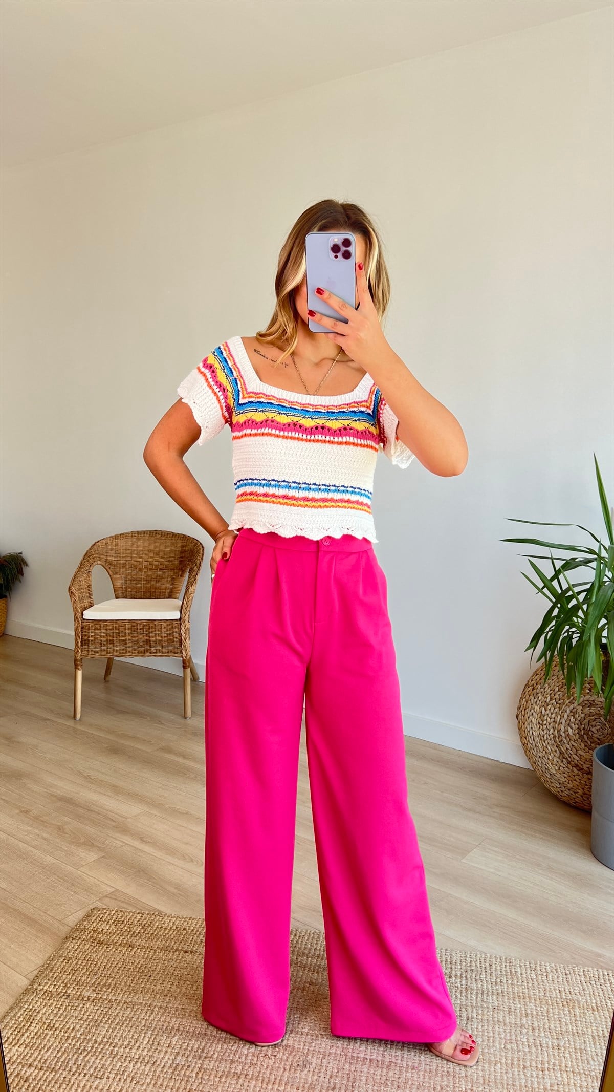  Renkli Örme Crop Bluz