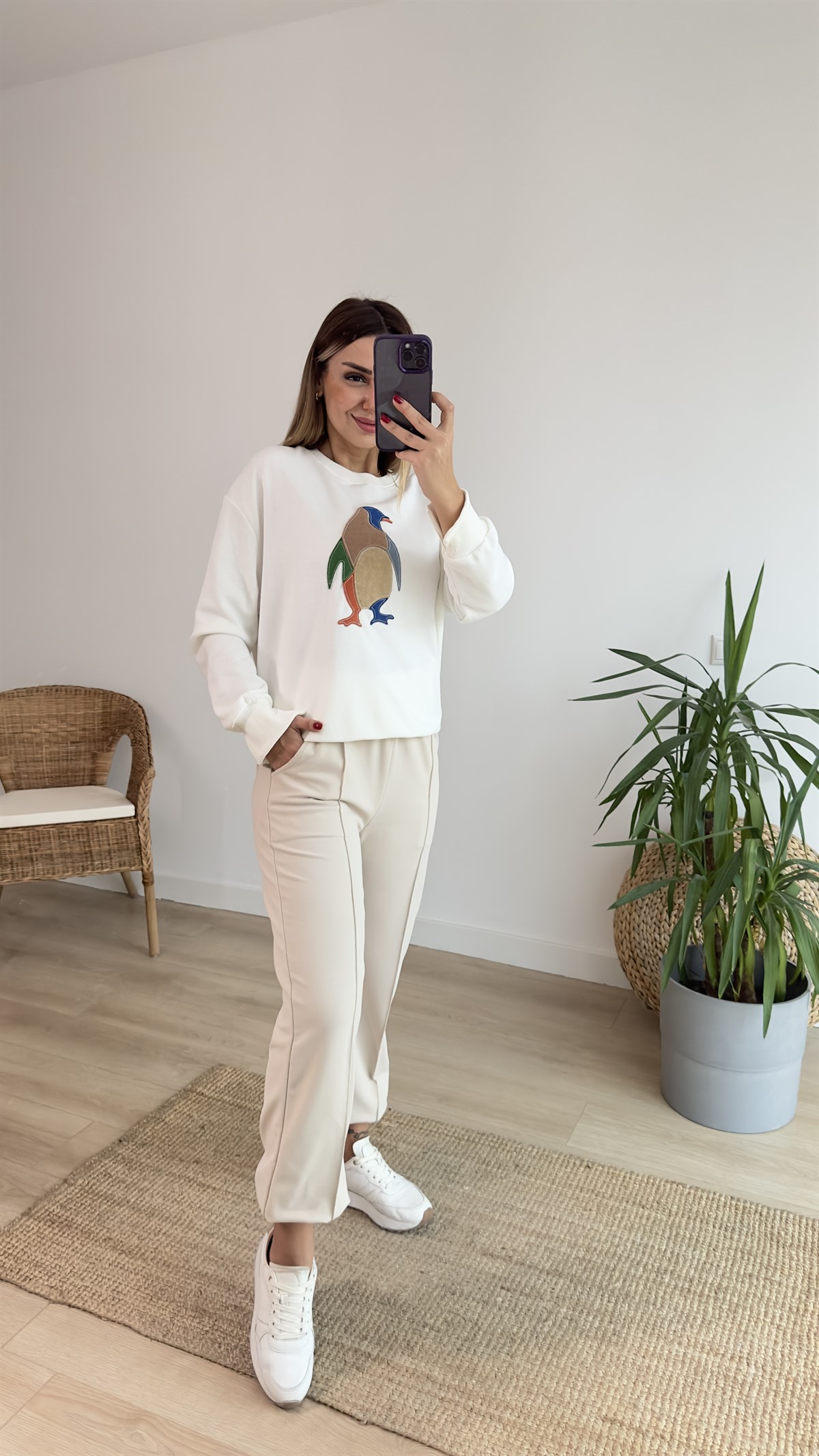 Penguen Baskılı Beyaz Sweat