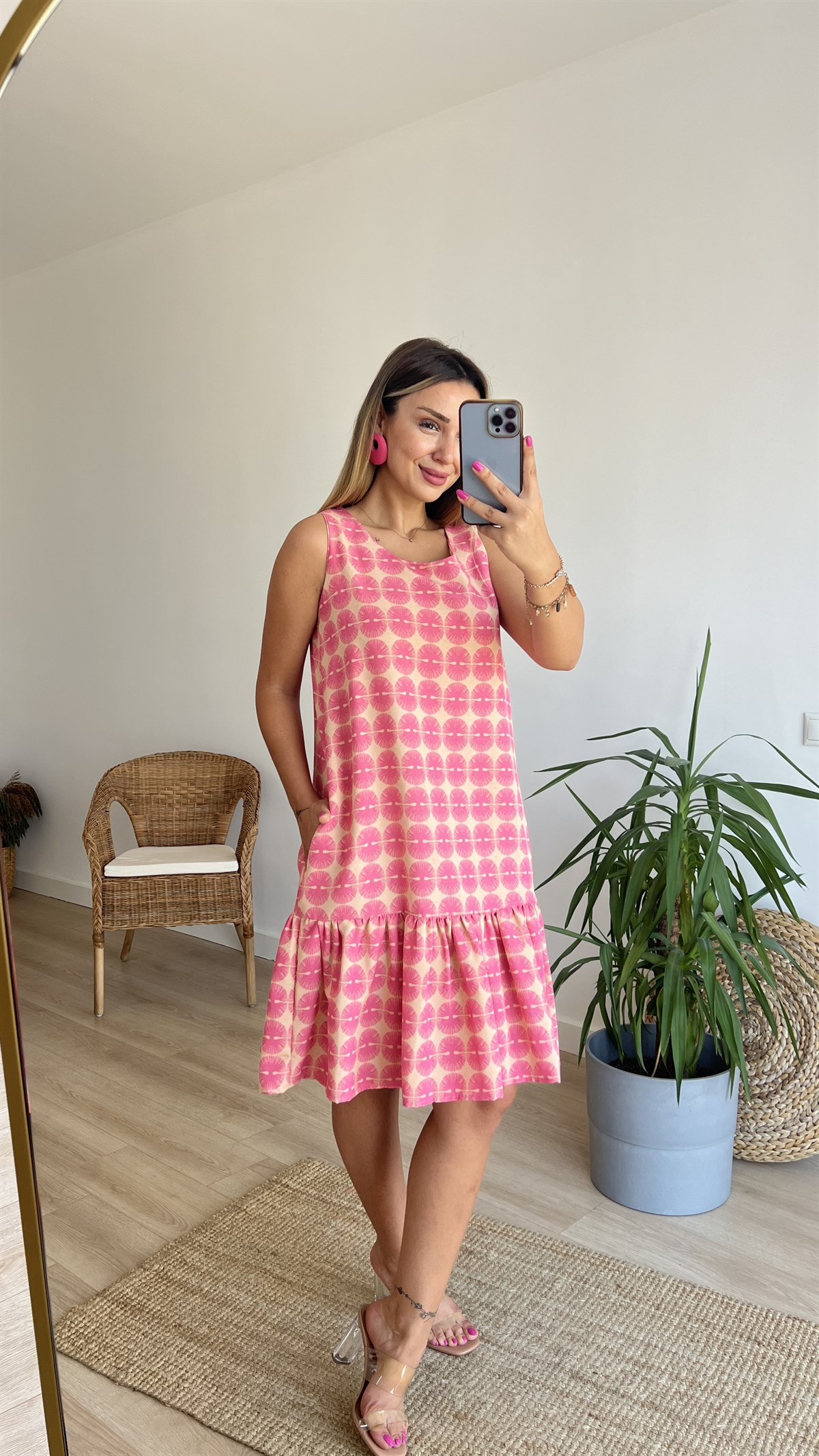 Pembe Desenli Cepli Keten Elbise