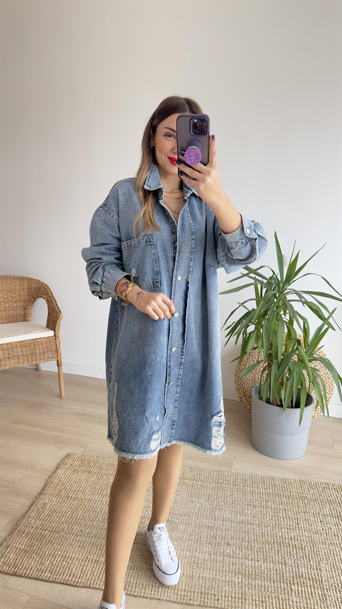 Yırtıklı Salaş Denim Elbise 