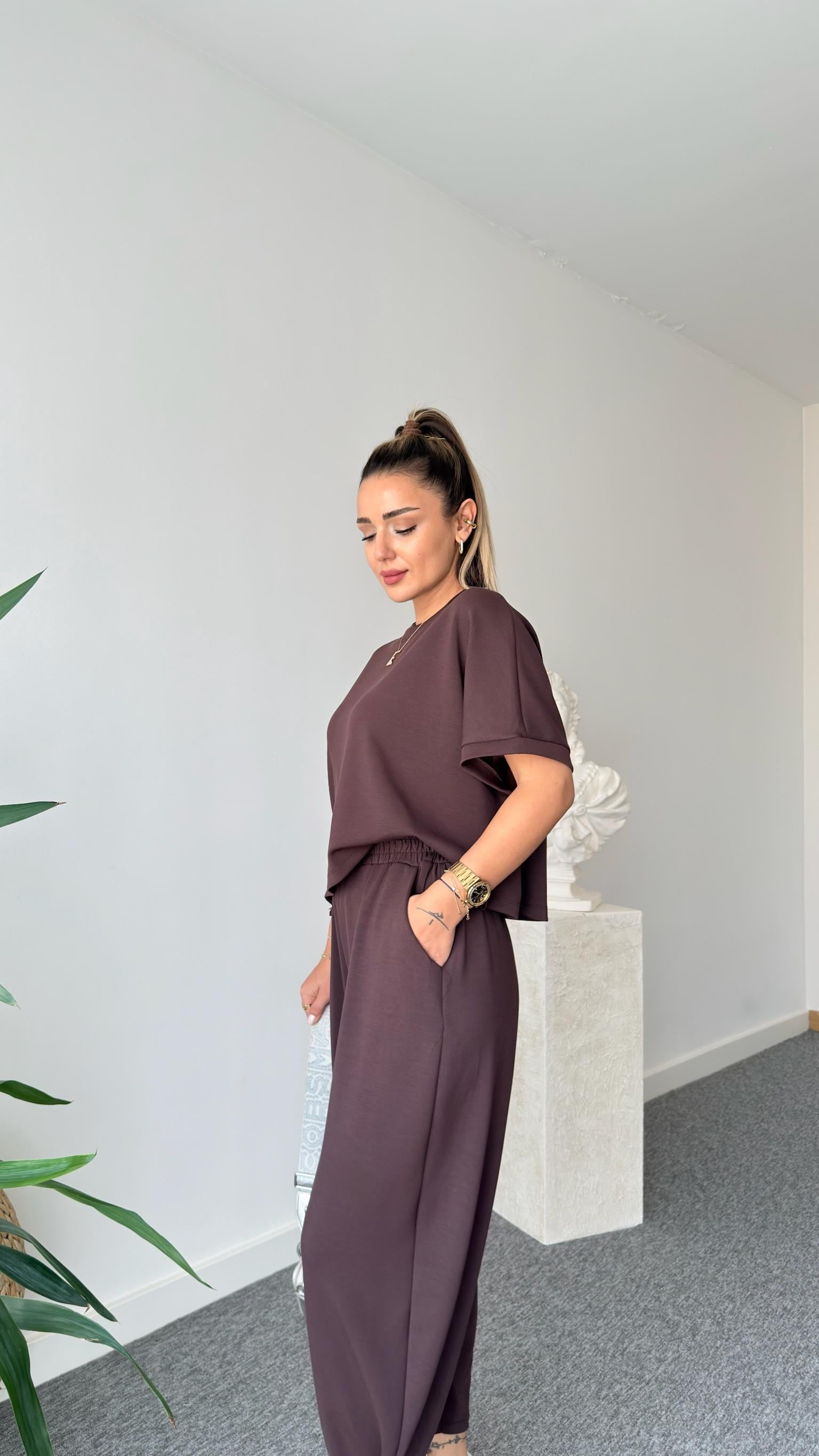 Premium Modal Kahve Şalvar Pantolon Takım