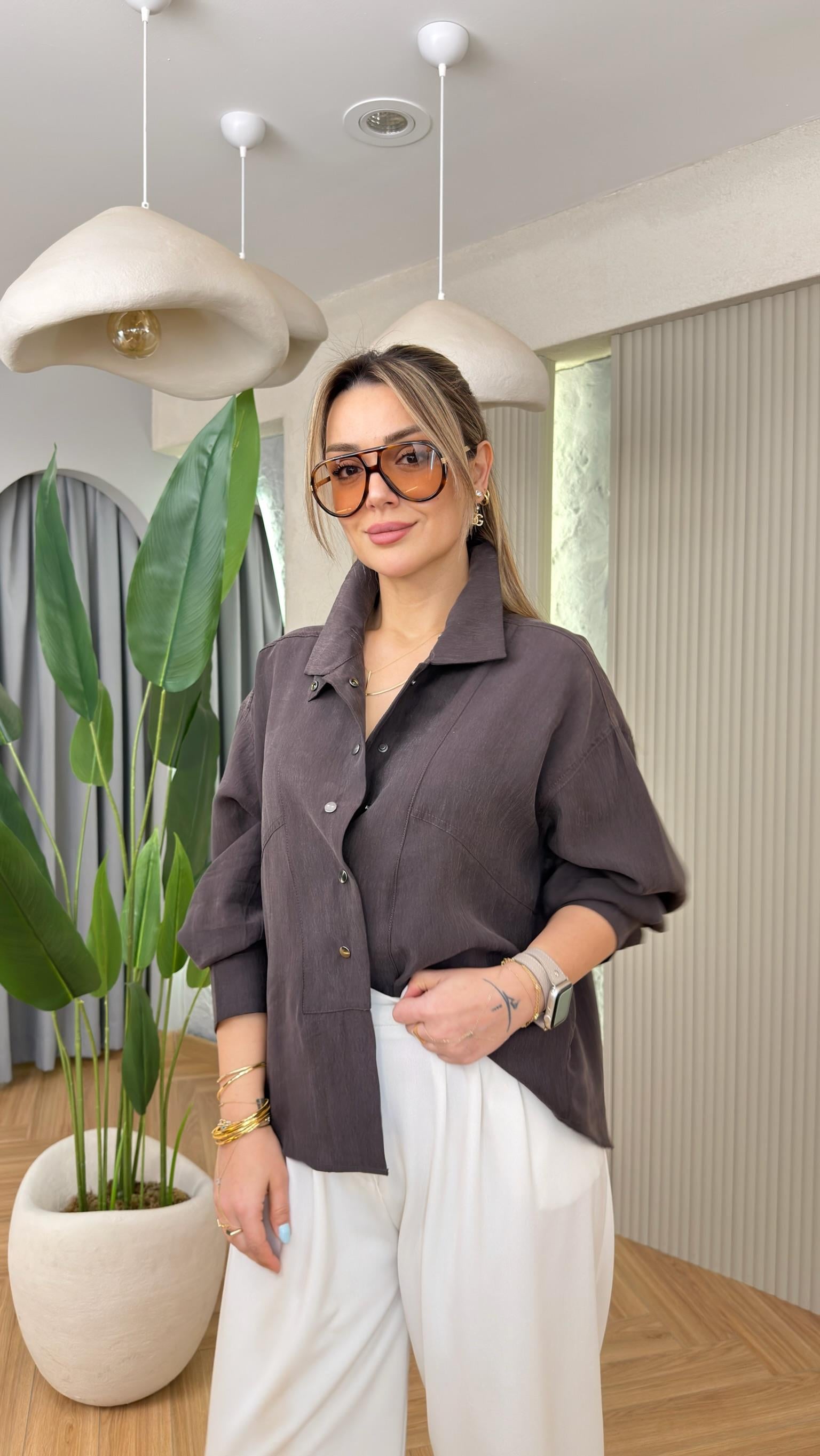 Kahve Lucinda Muadil Premium Tensel Gömlek