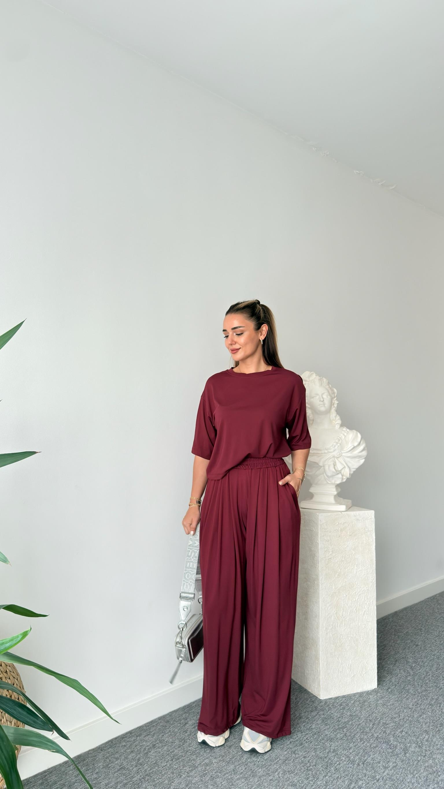 Bordo Gablit Pile Detaylı İkili Takım