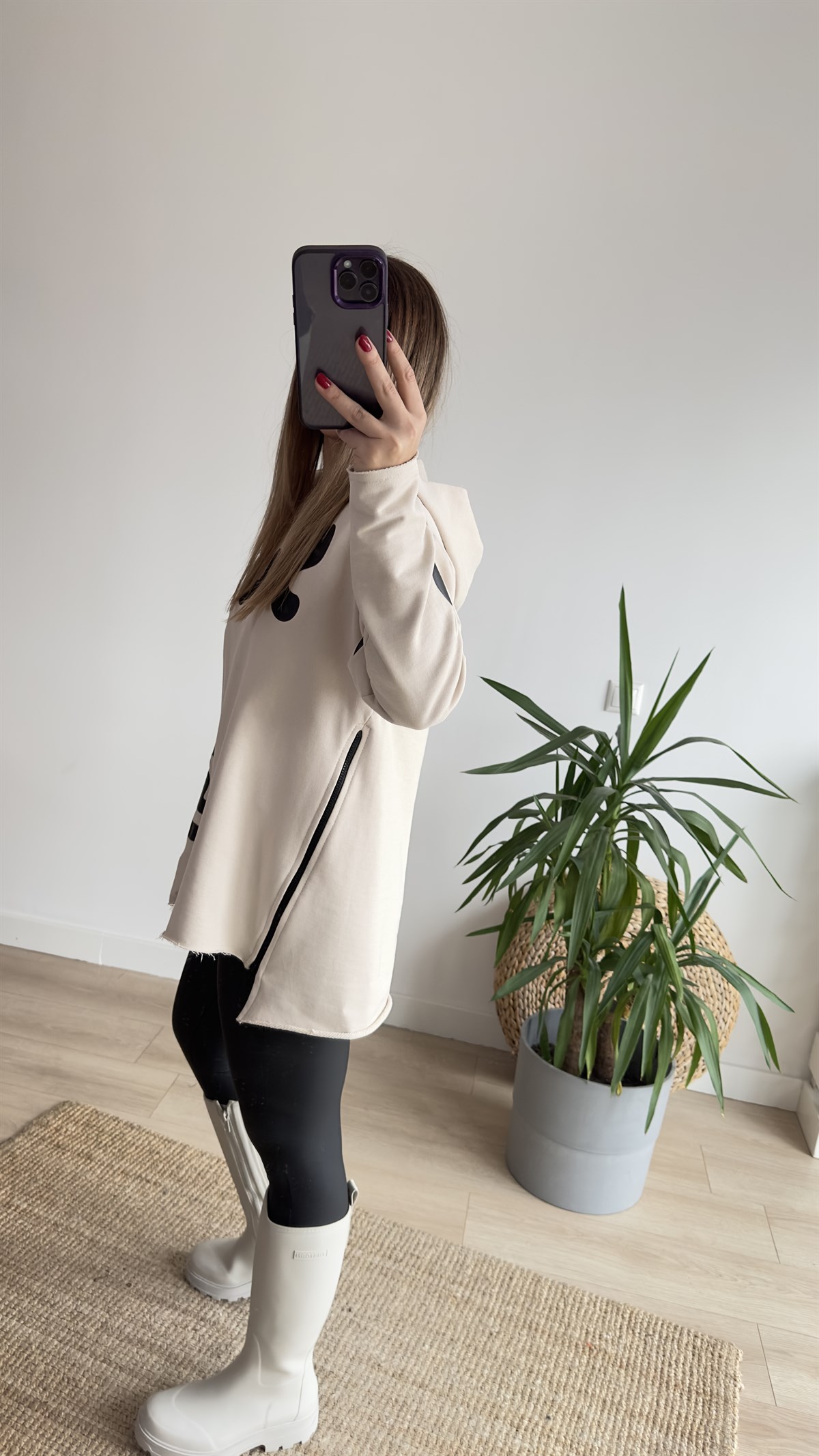 Yazı Ve Fermuar Detaylı Krem Sweat