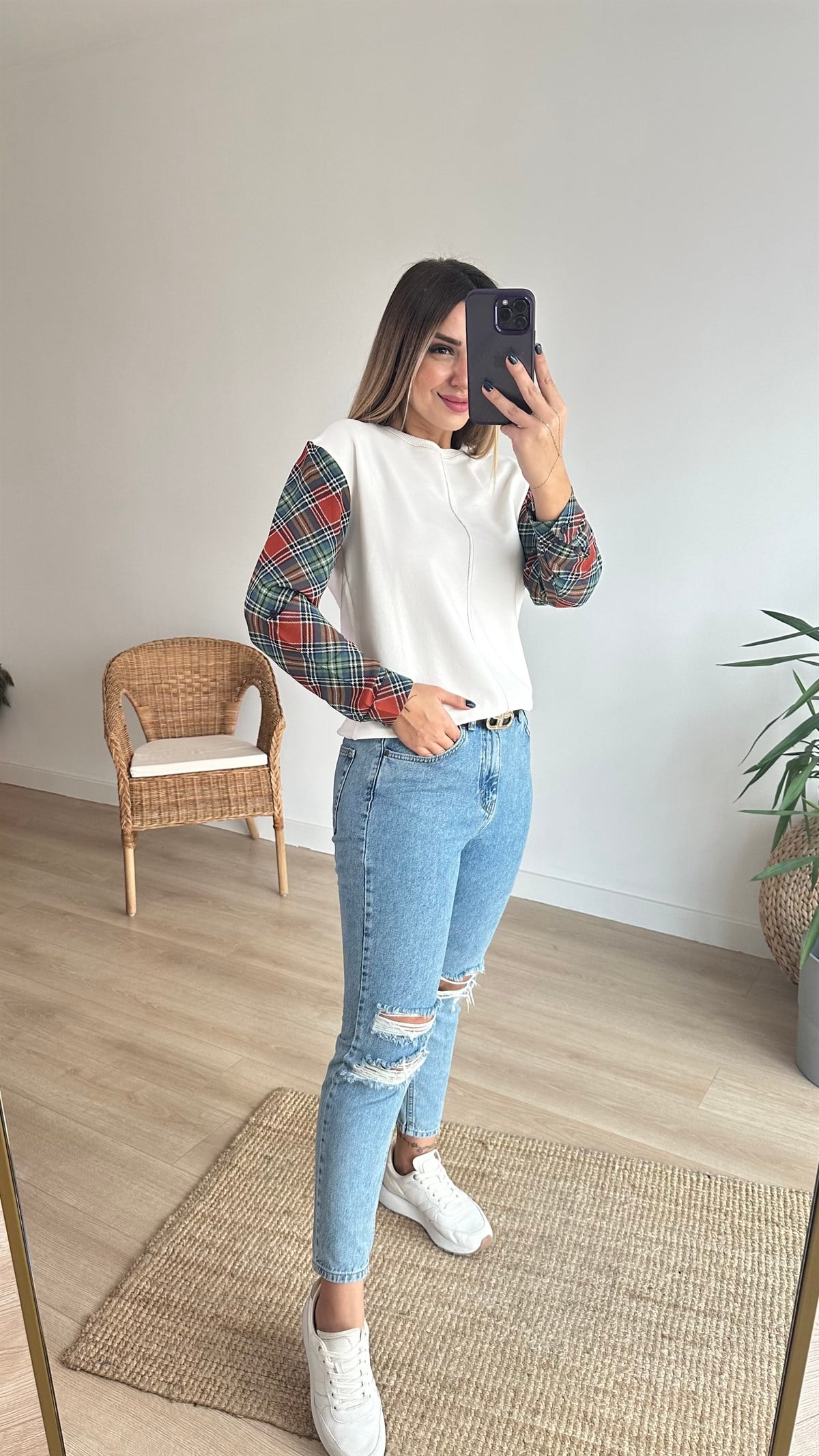 Kolları Ekose Desen Ekru Sweat