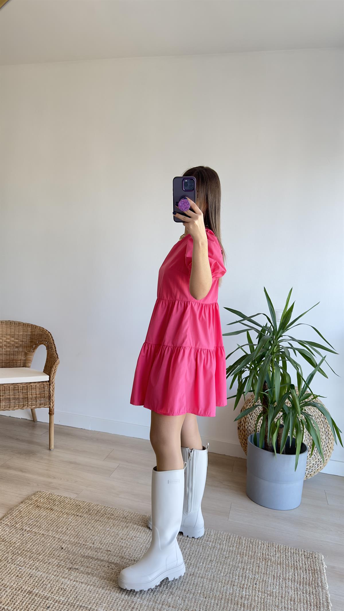 Sırt Pencereli Pembe Poplin Elbise