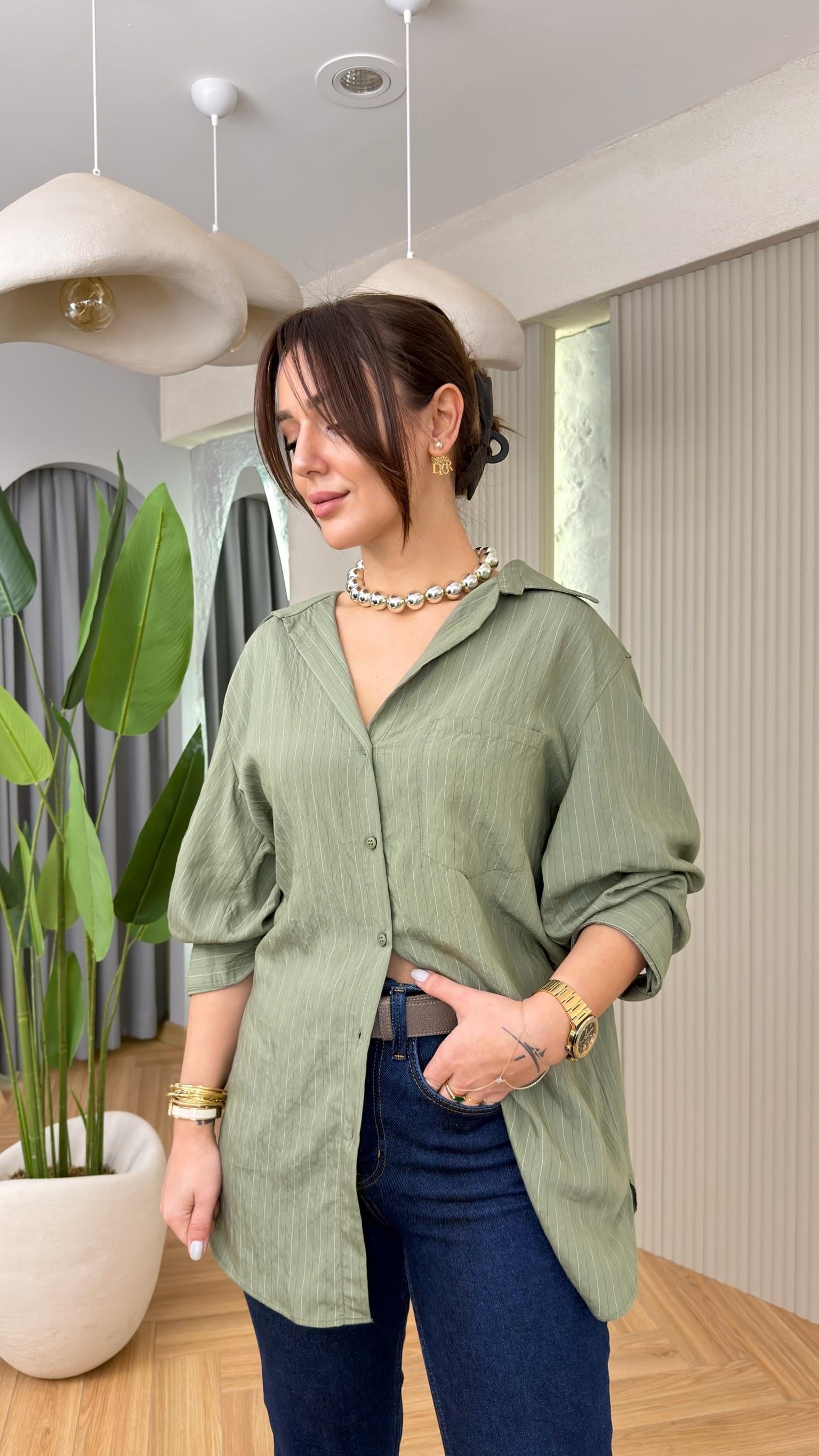 Haki Romily Salaş Çizgili Gömlek