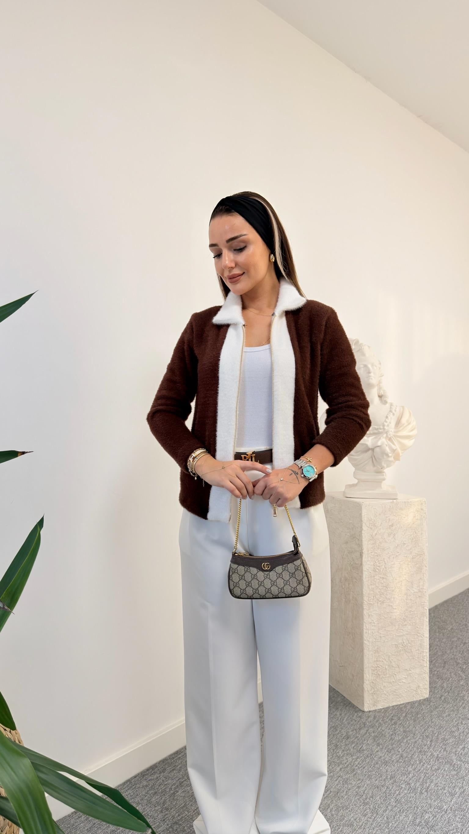 Kahve Angora Şerit Detaylı Hırka