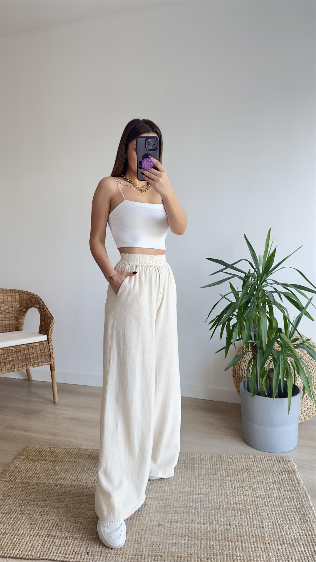 Beli İşleme Lastikli Keten Pantolon