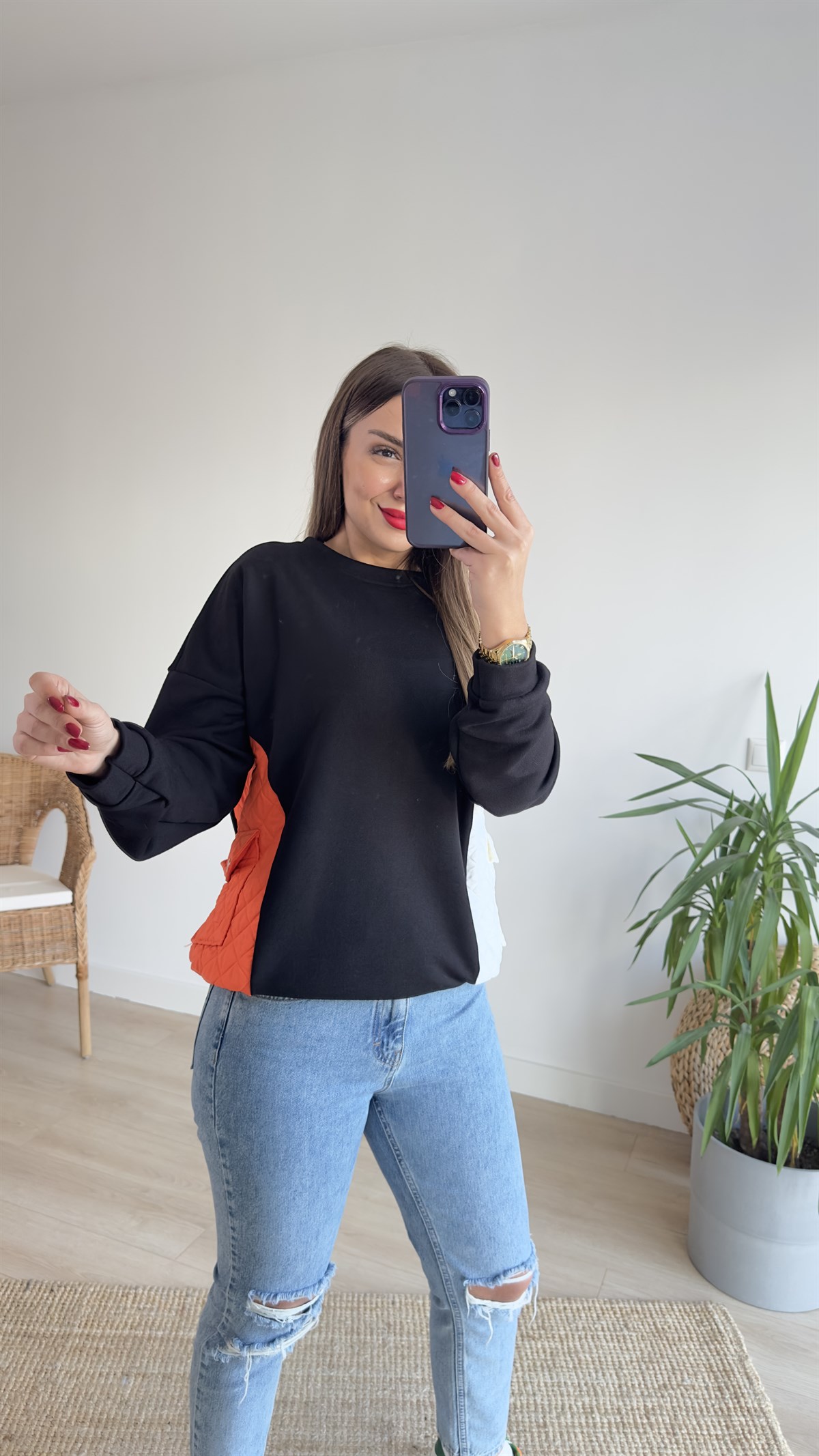 Turuncu Beyaz Kapitoneli Sweat