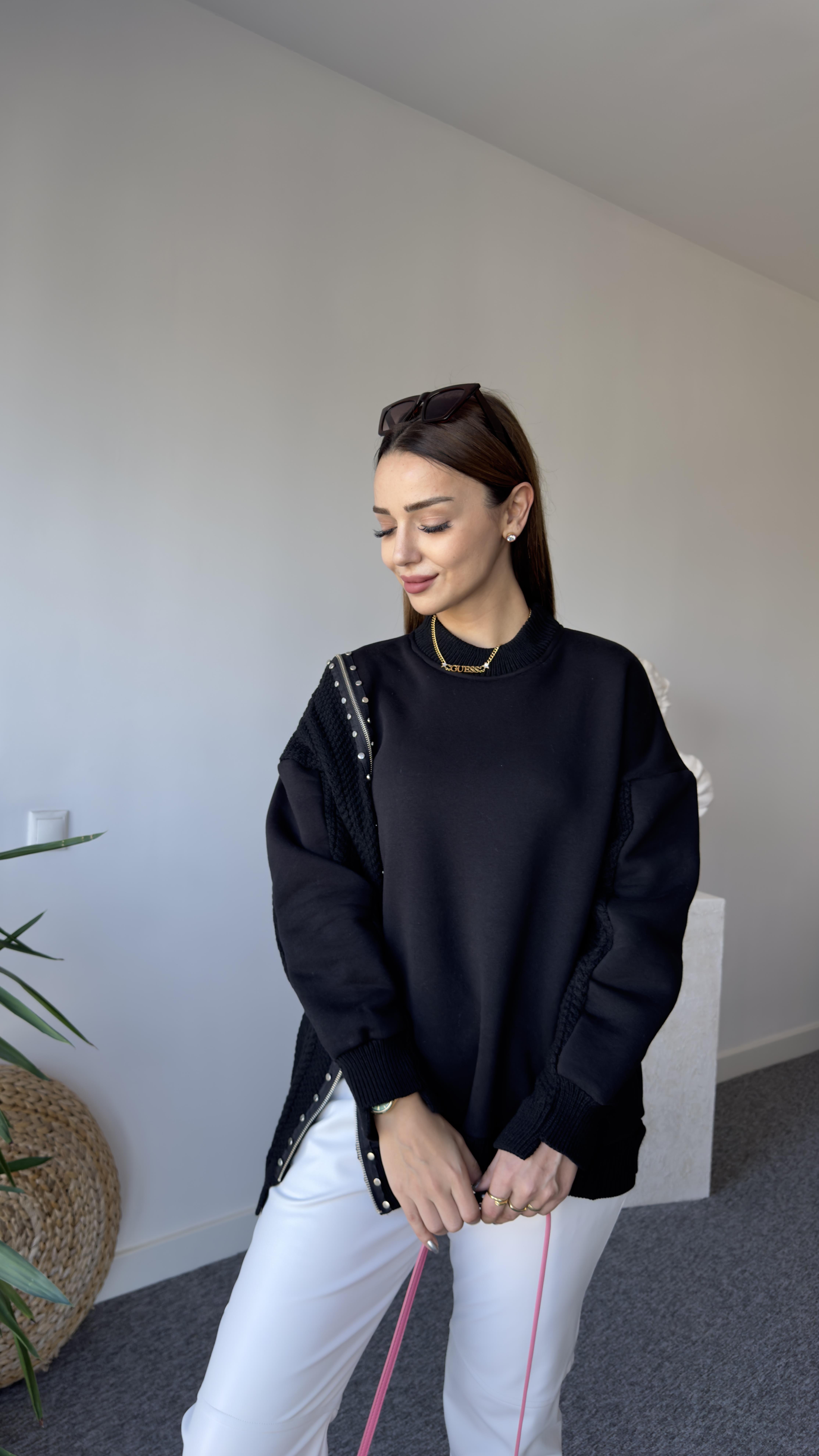 Fermuarlı Taş Detay Orj Model Siyah Tasarım Sweat 