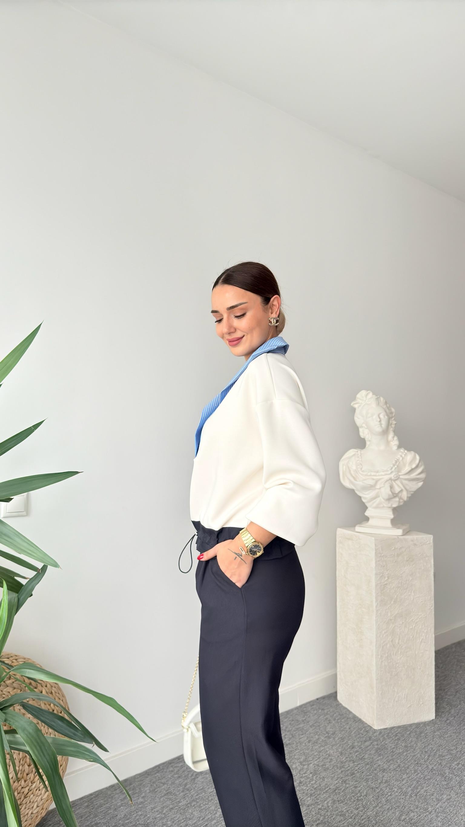 Viyana Bel Büzgülü Taşlı Poplin Garni Modal Sweat