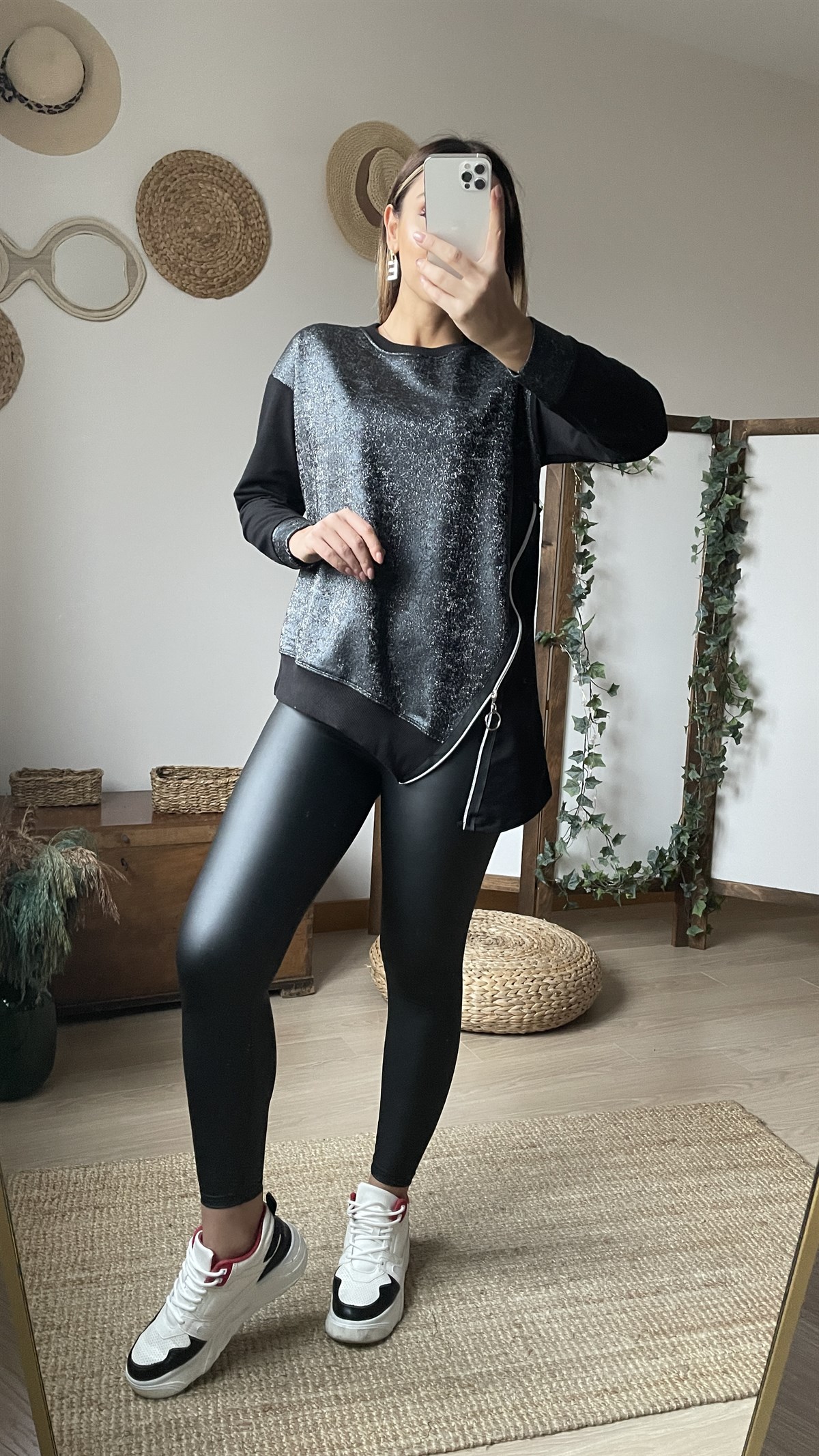 Fermuar Detaylı Siyah Sweat