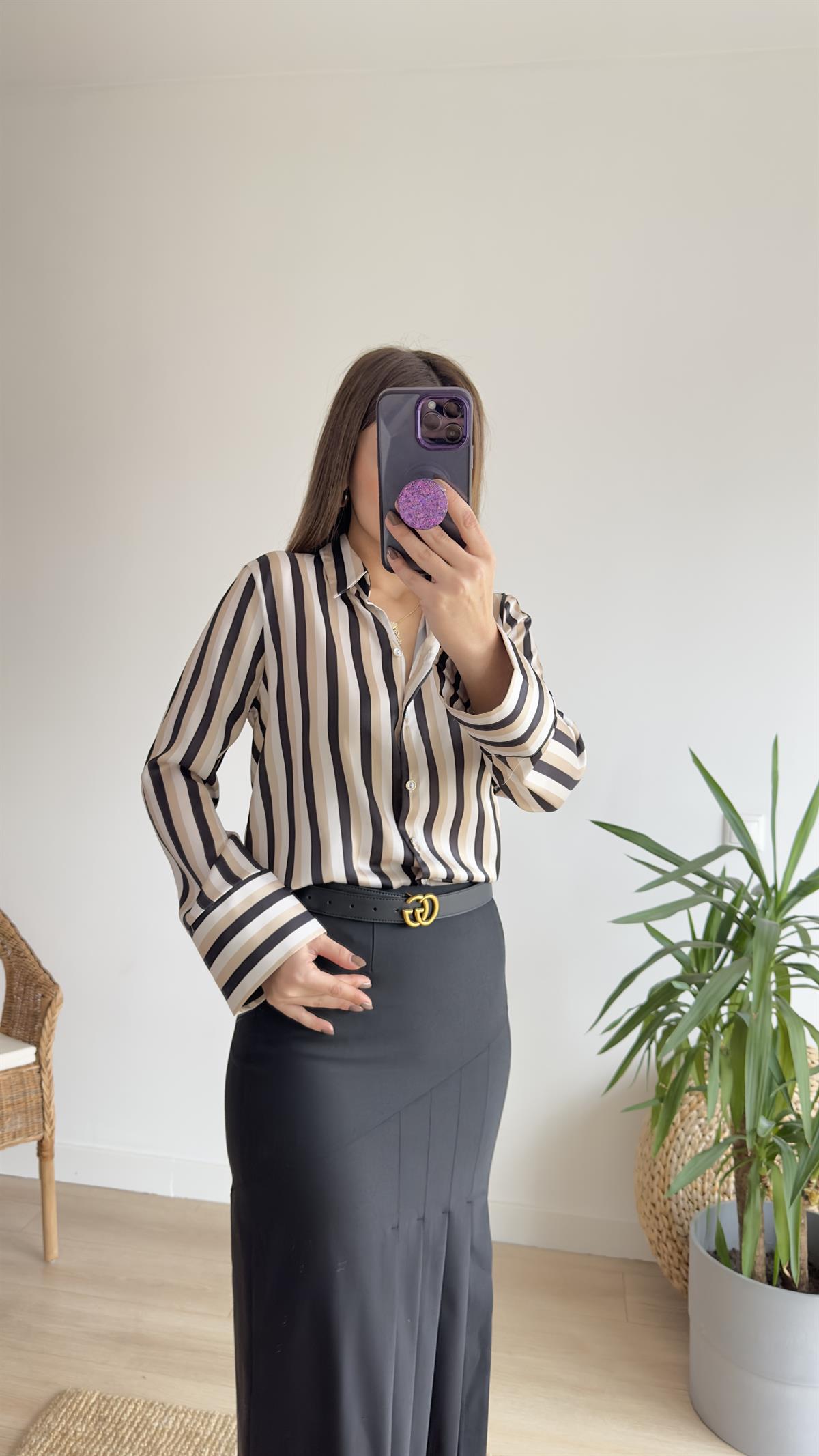 Zra Model Bej Siyah Saten Gömlek