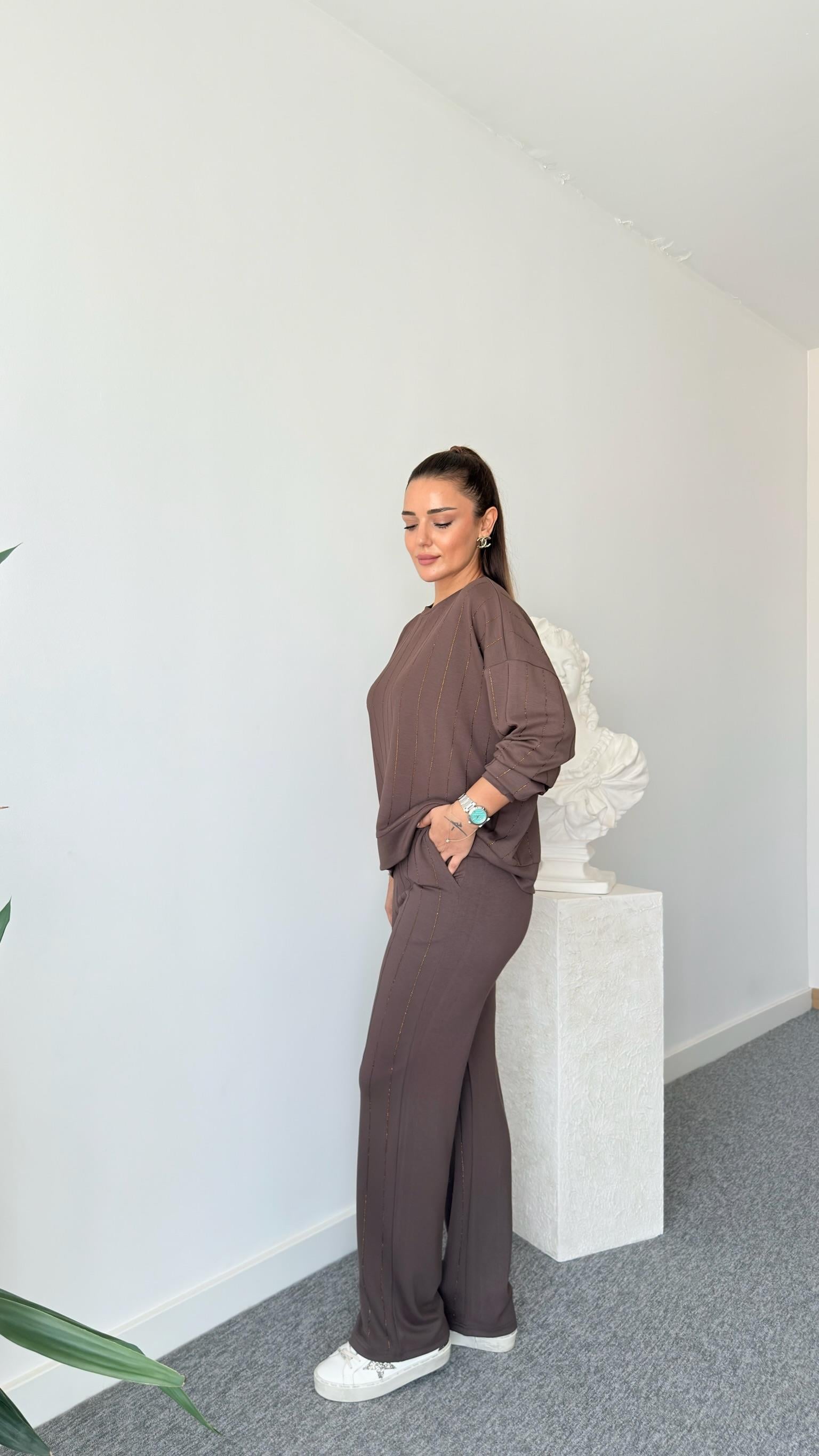 Kahve Jera Taşlı Modal Takım
