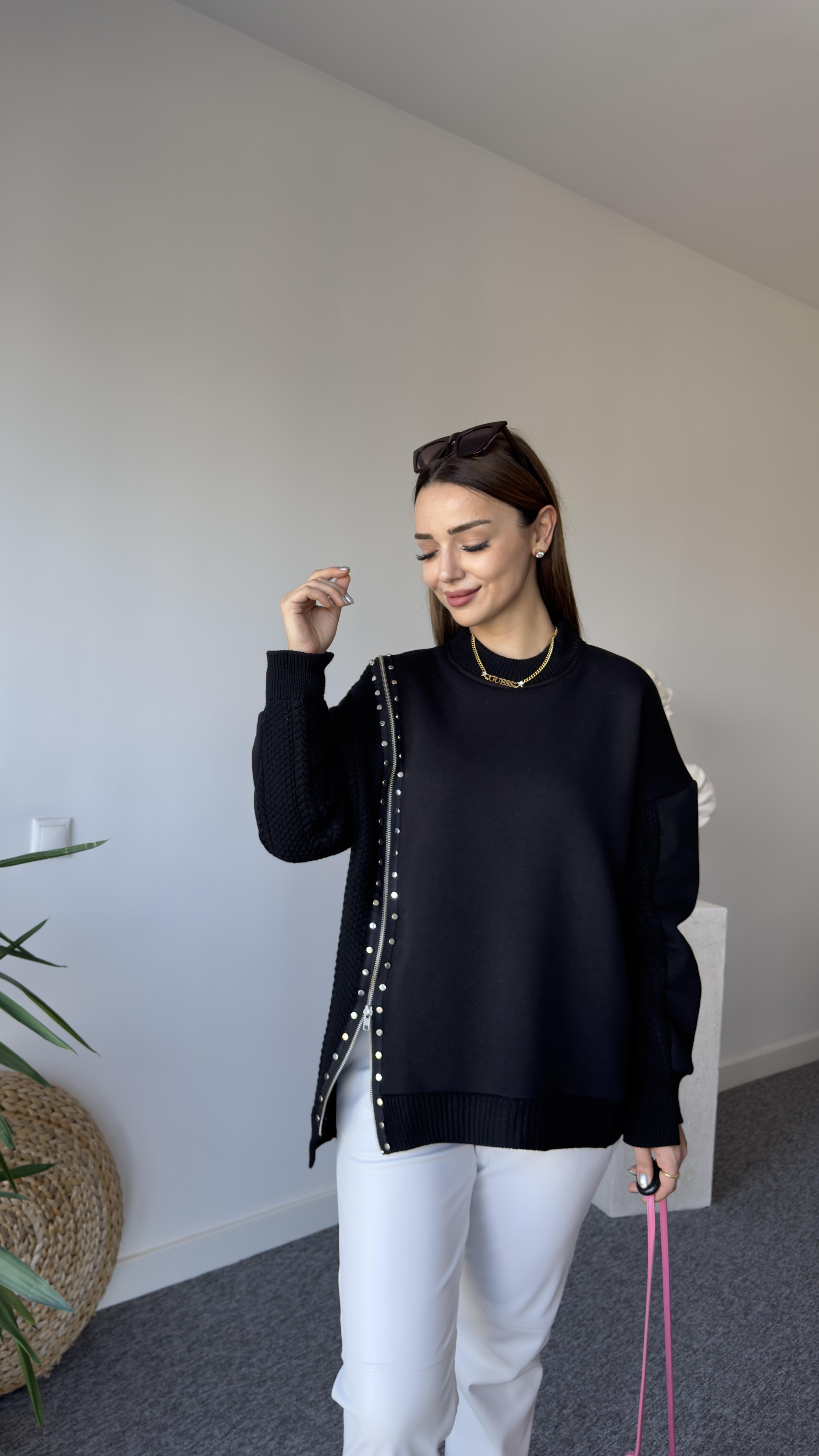 Fermuarlı Taş Detay Orj Model Siyah Tasarım Sweat 