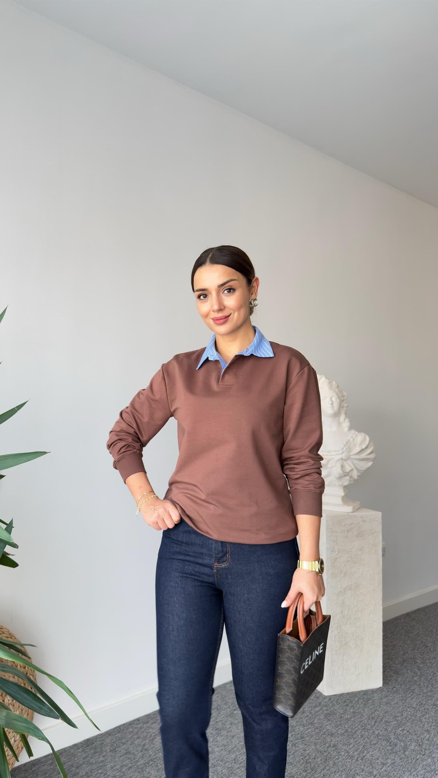 Kahve Zra Model Poplin Garnili Sweat