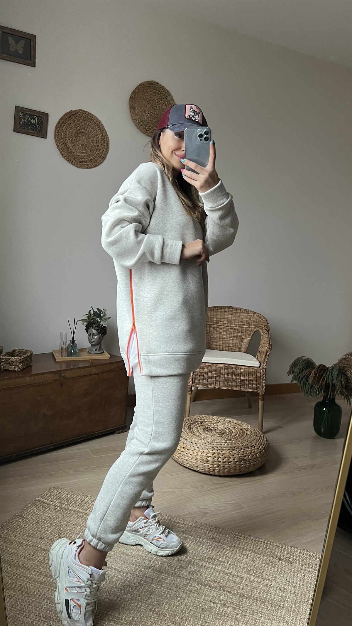 Yanı Fermuar Detaylı Salaş Gri Sweat