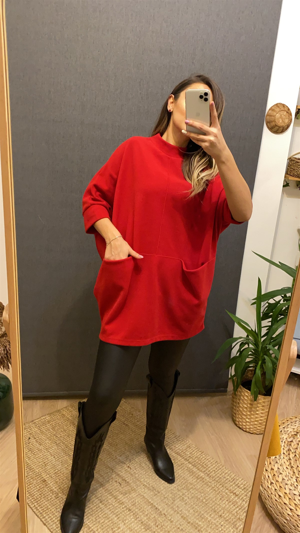 Önden Cepli  Oversize Kırmızı Tunik