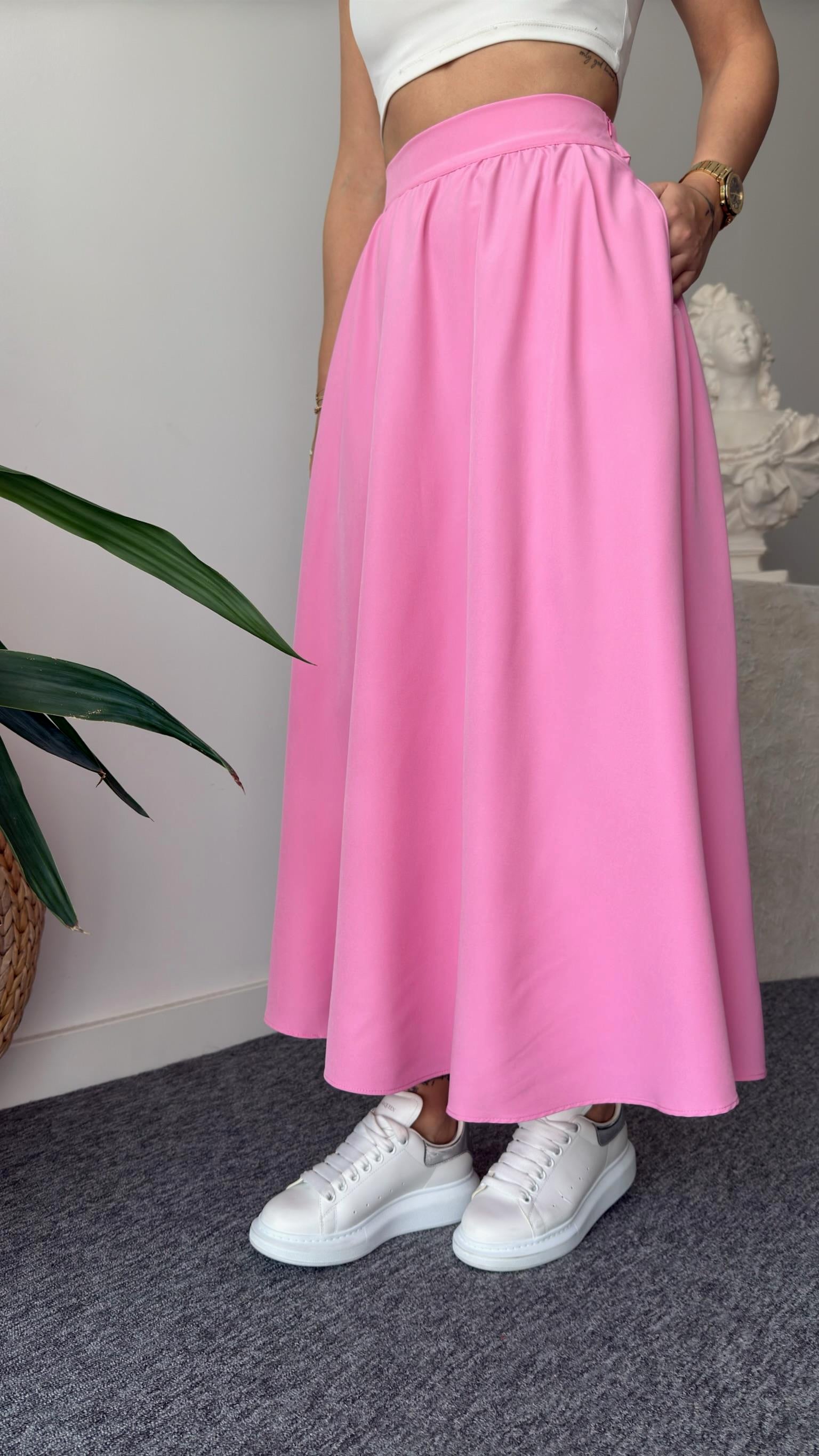 Pembe Vema Arkası Lastikli Etek