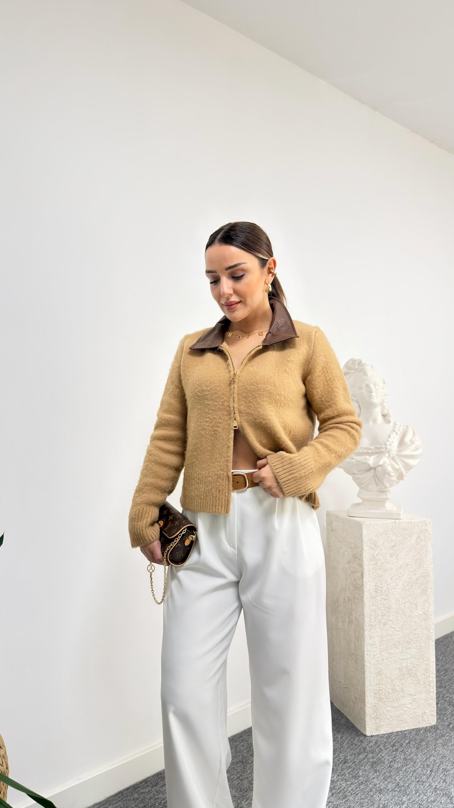 Camel Kier Yakası Derili Triko Hırka