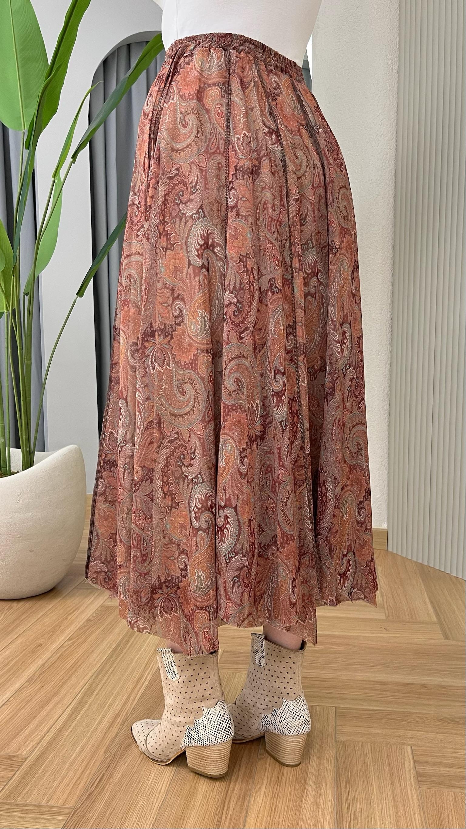 Turuncu Zien Etnik Desenli Şifon Etek