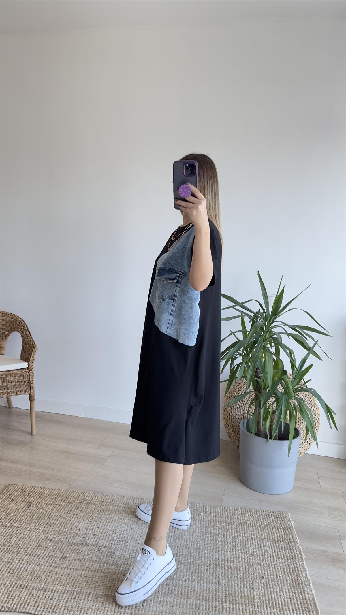 Kot Detaylı Siyah Basic Elbise 