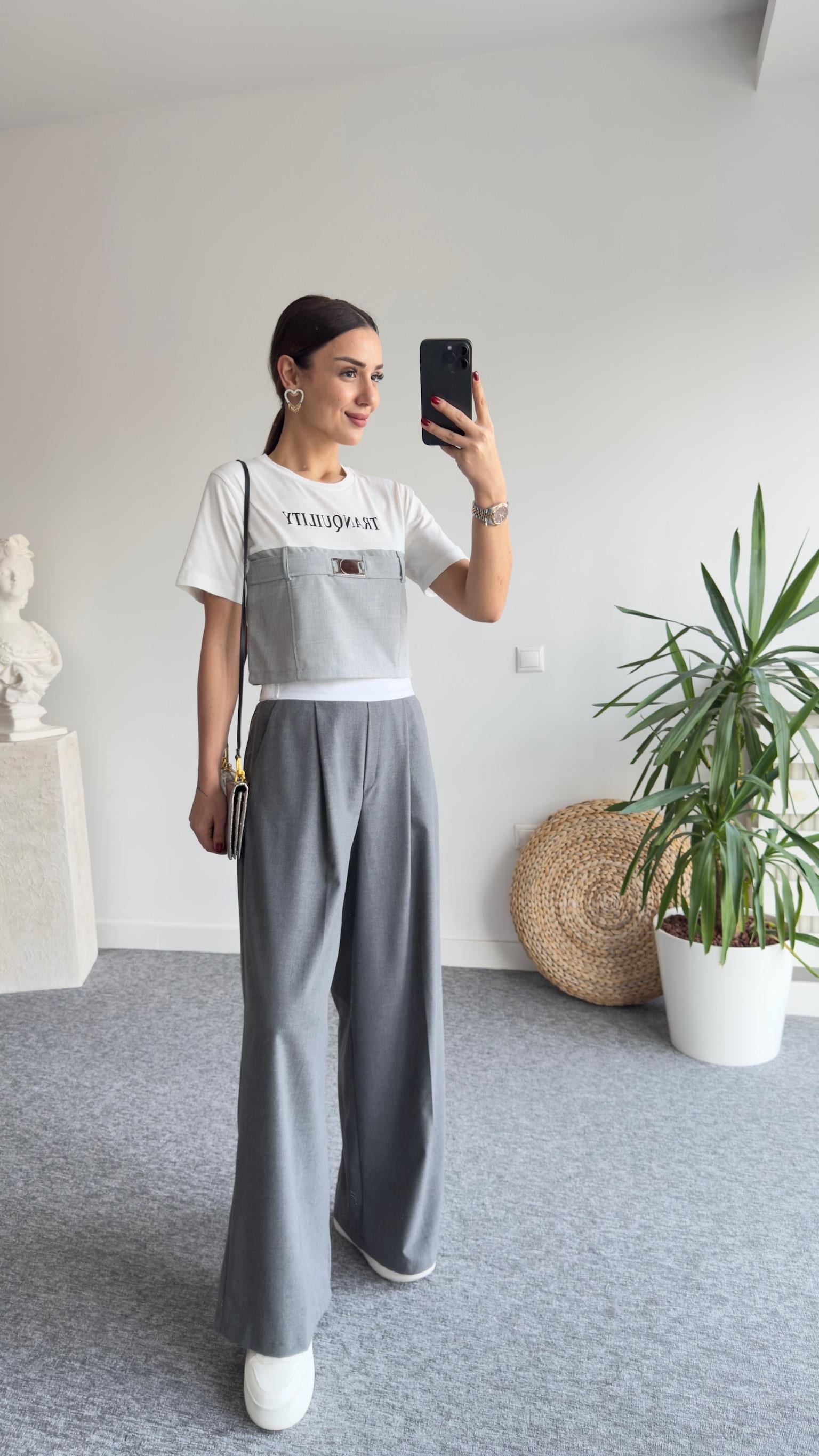 Kalın Kemer Detaylı Arkası Lastikli Gri Palazzo 