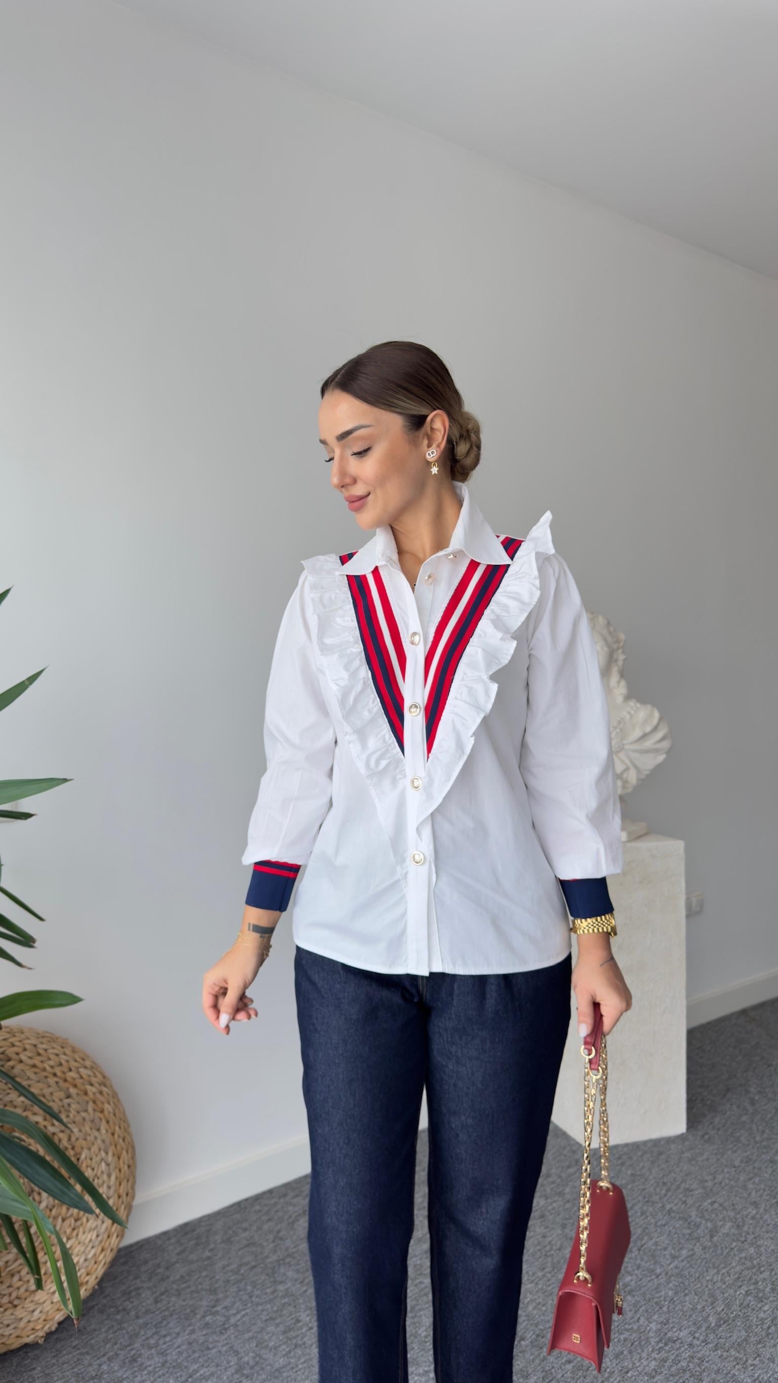 Fırfırlı Gold Düğmeli Poplin Gömlek
