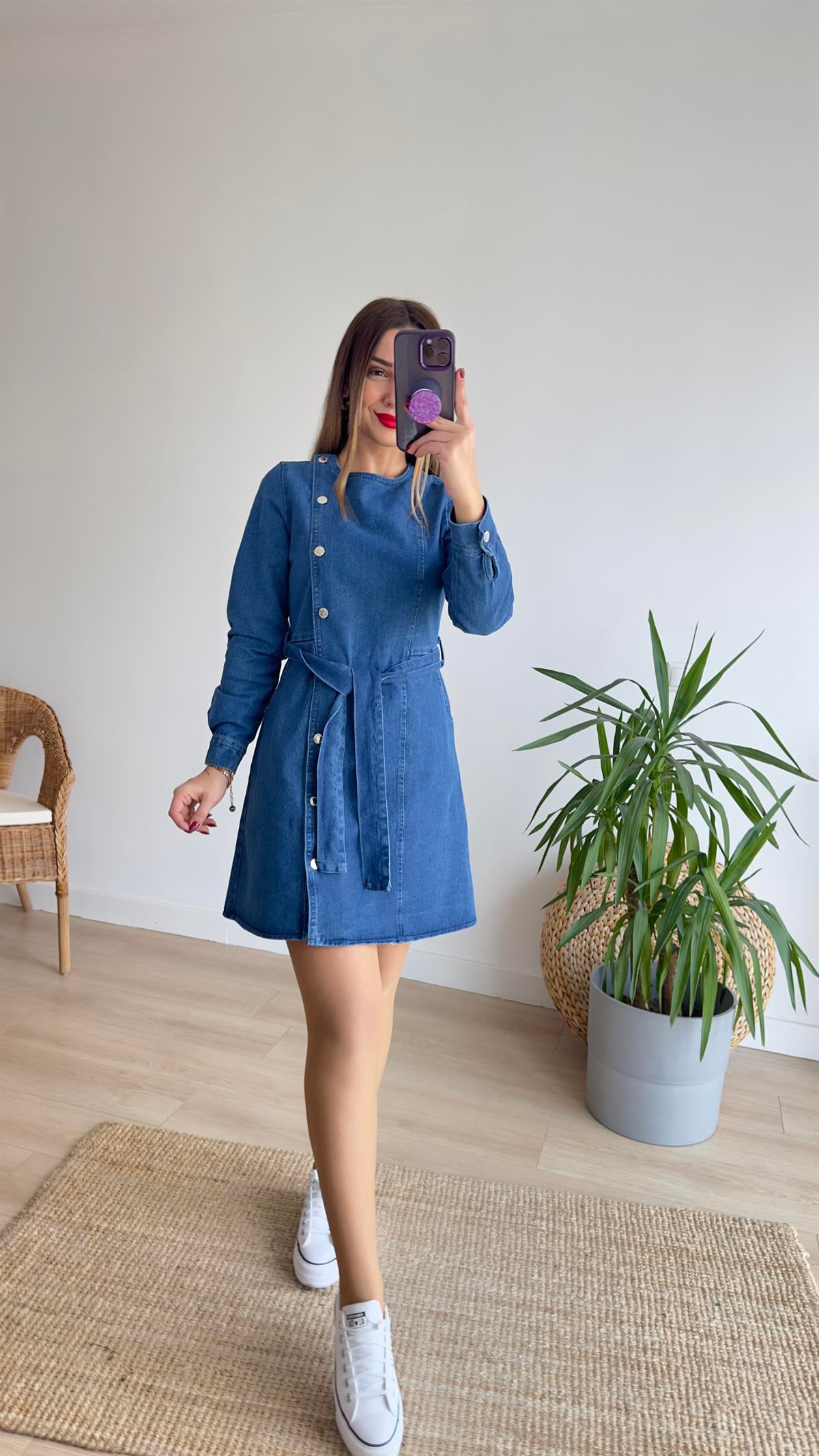Düğmeli Mavi Denim Elbise